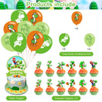 PINUO Yoshi Birthday Party Supplies Pack — Banner, Cake Topper, 18 Balloons & 12 Cupcake Toppers