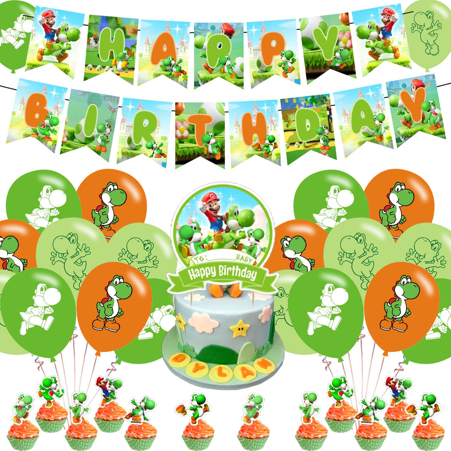PINUO Yoshi Birthday Party Supplies Pack — Banner, Cake Topper, 18 Balloons & 12 Cupcake Toppers
