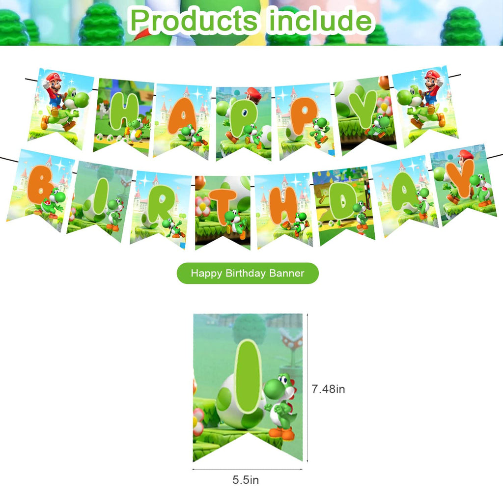 PINUO Yoshi Birthday Party Supplies Pack — Banner, Cake Topper, 18 Balloons & 12 Cupcake Toppers