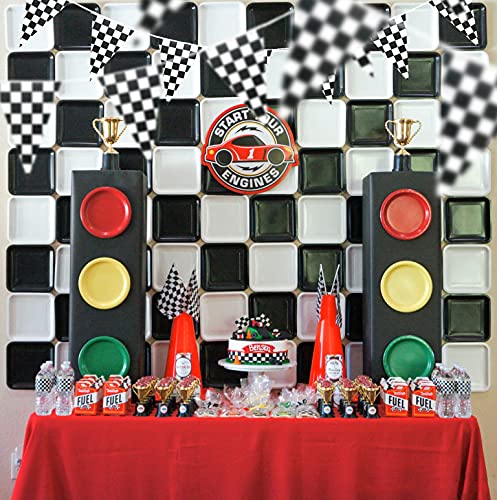 Piokio 100ft Black & White Checkered Flag Banner for Racing Birthday Parties