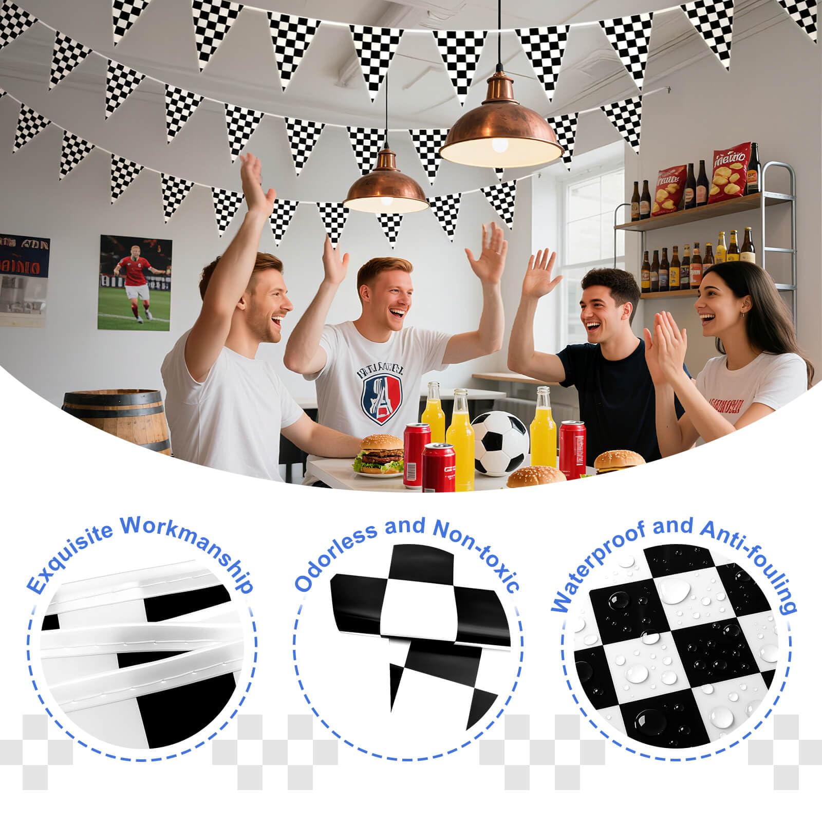 Piokio 100ft Black & White Checkered Flag Banner for Racing Birthday Parties