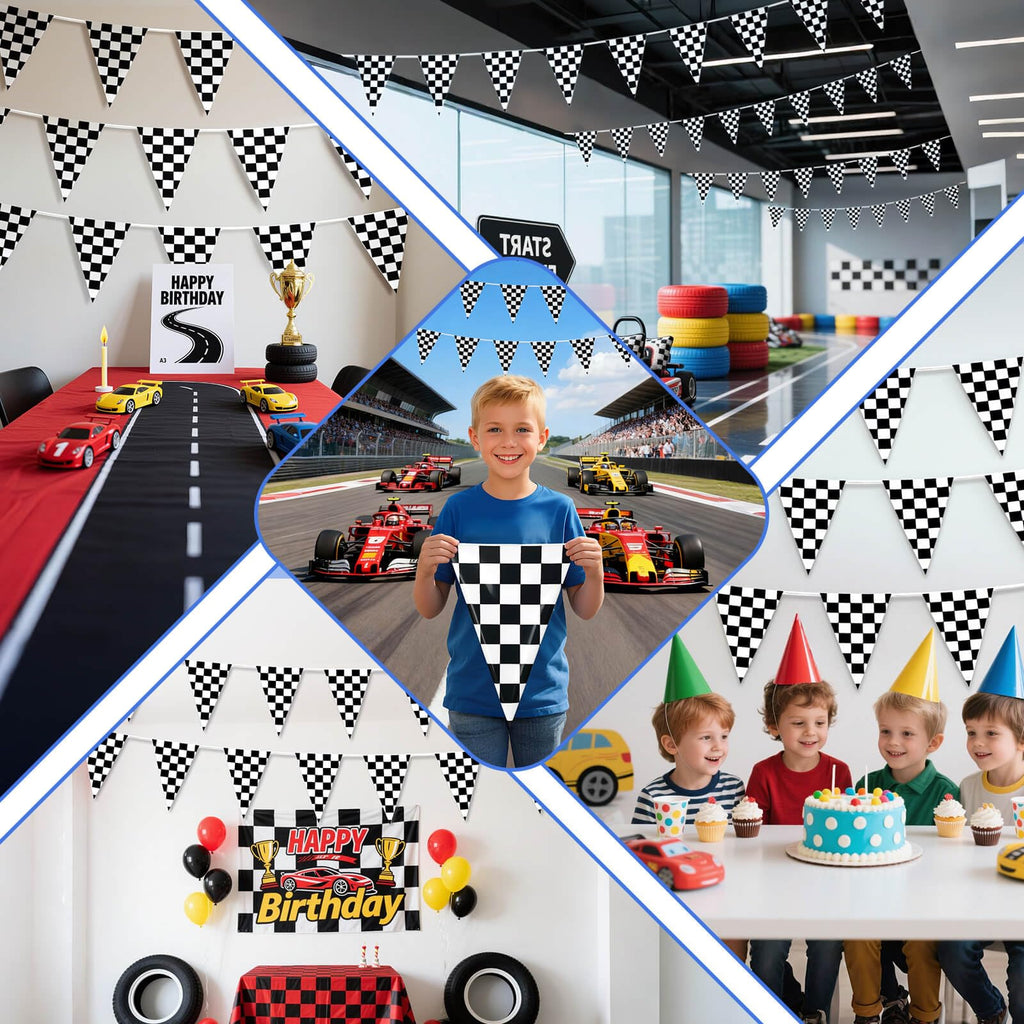 Piokio 100ft Black & White Checkered Flag Banner for Racing Birthday Parties