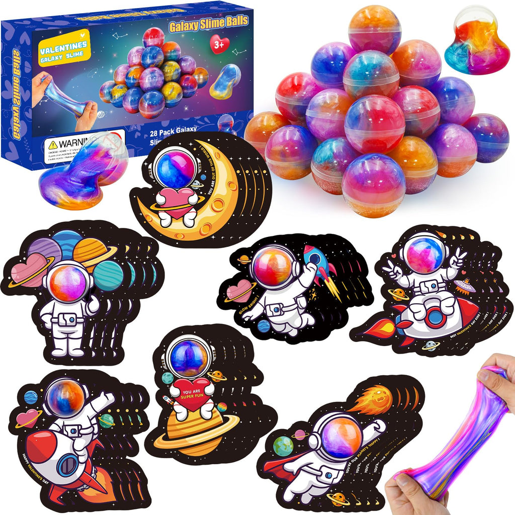 PIONJOY 28 Pack Valentines Galaxy Slime Toys for Kids – Galaxy Slime with Cards, Party Favors