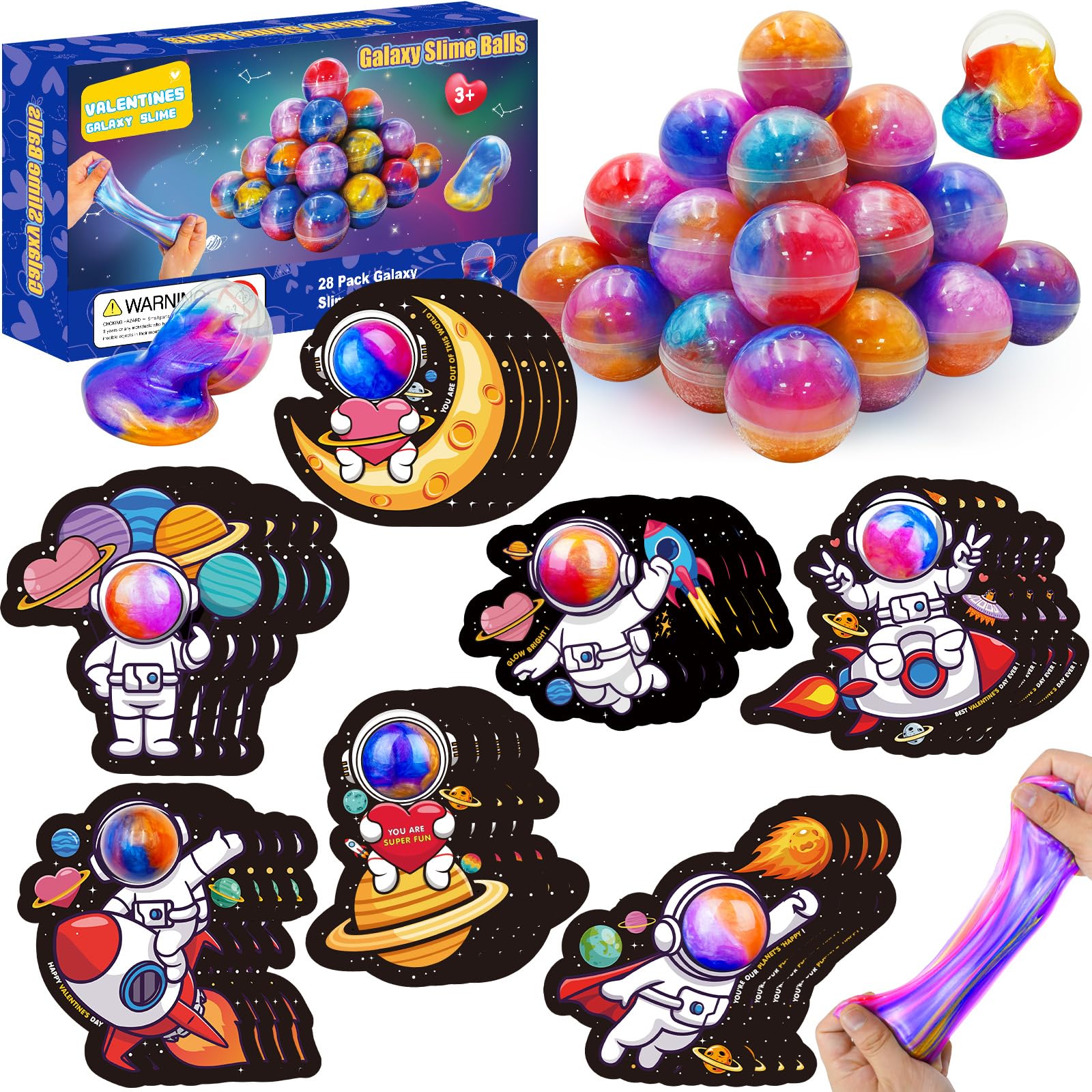 PIONJOY 28 Pack Valentines Galaxy Slime Toys for Kids – Galaxy Slime with Cards, Party Favors