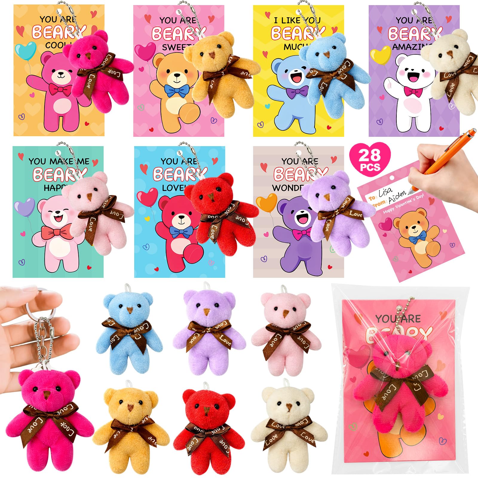 PIONJOY 28-Pack Mini Bear Plush Keychains — Easter Gifts, Classroom Prizes & Party Favors