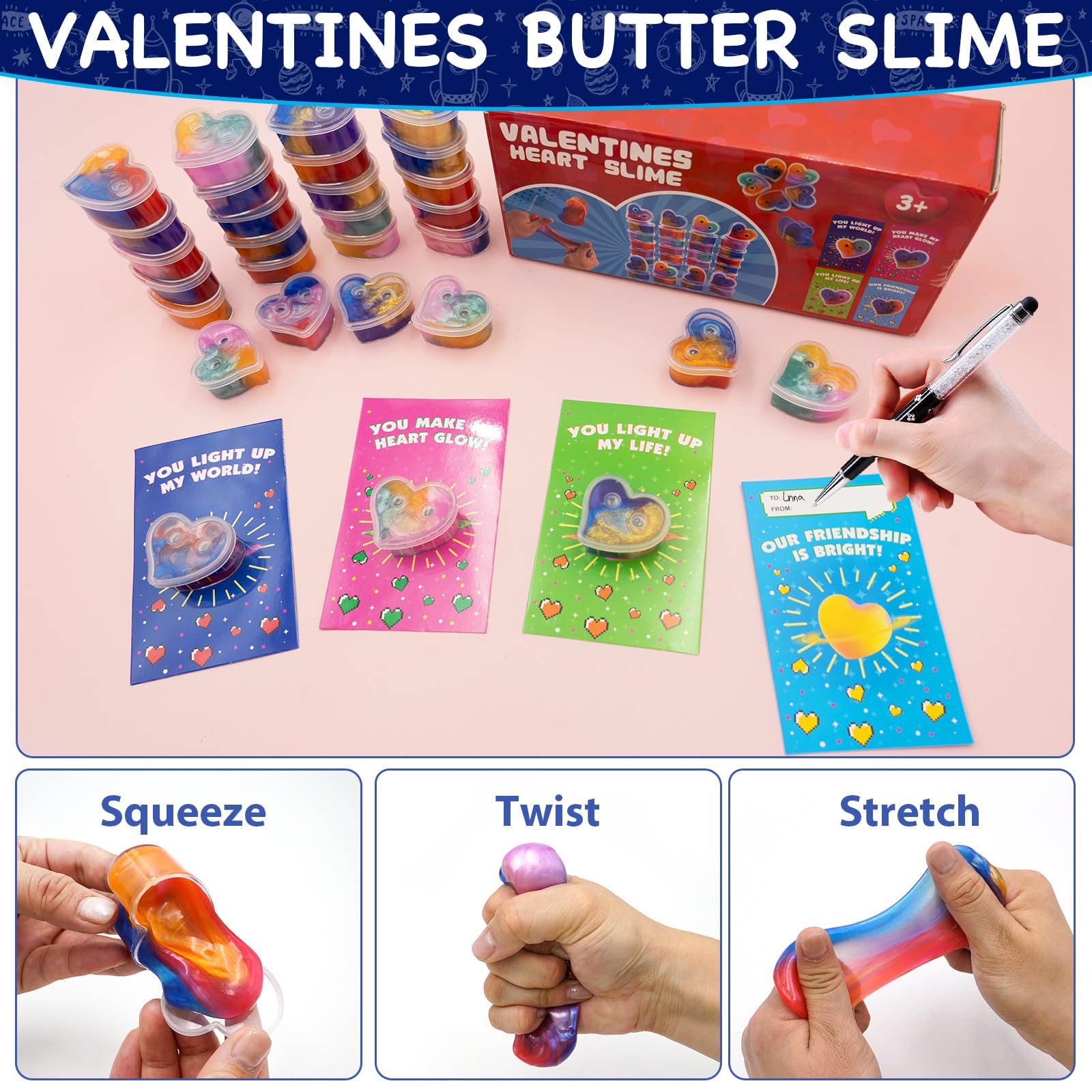 PIONJOY 28-Pack Valentines Galaxy Hearts Slime Gifts for Kids – Classroom Prizes & Party Favors