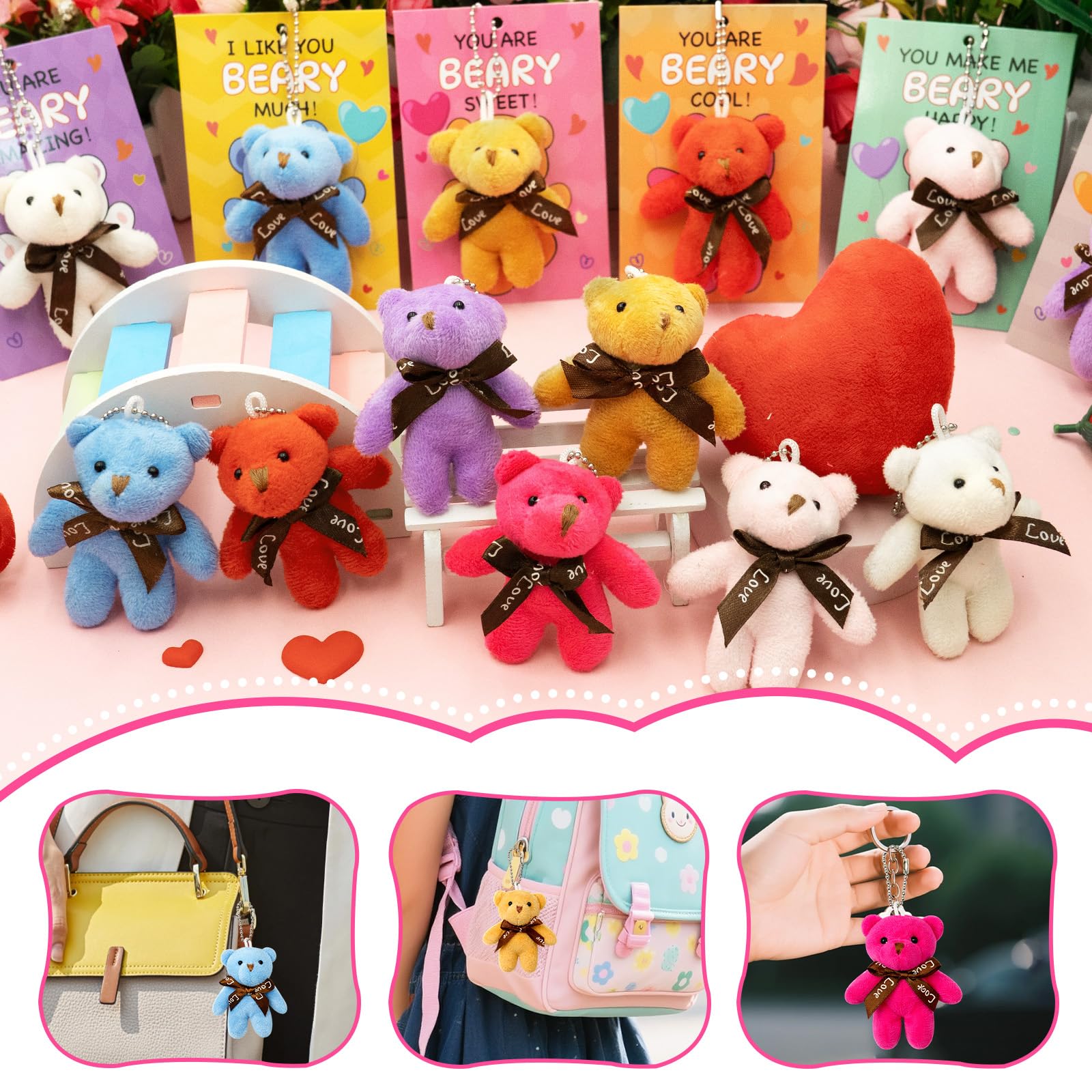 PIONJOY 28-Pack Mini Bear Plush Keychains — Easter Gifts, Classroom Prizes & Party Favors