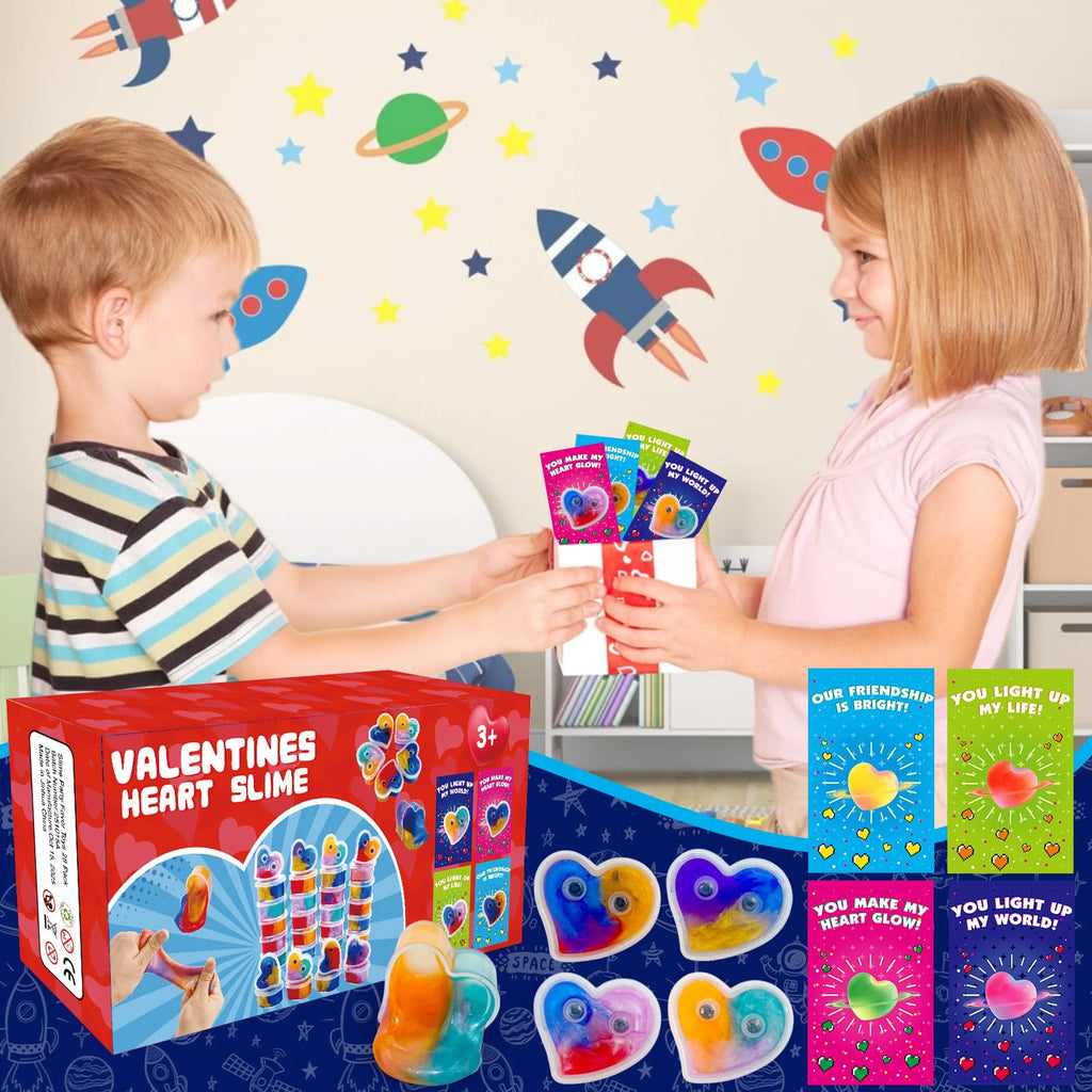 PIONJOY 28-Pack Valentines Galaxy Hearts Slime Gifts for Kids – Classroom Prizes & Party Favors