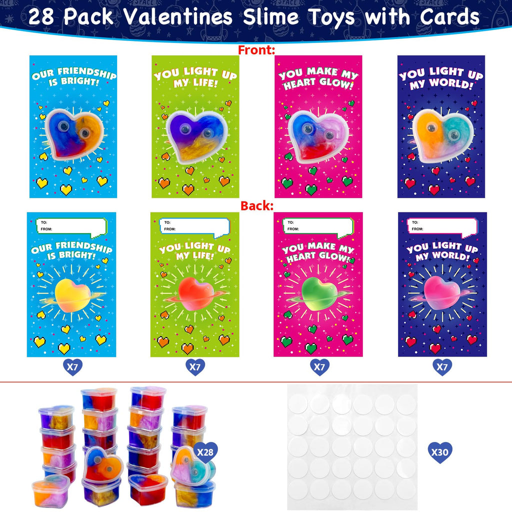 PIONJOY 28-Pack Valentines Galaxy Hearts Slime Gifts for Kids – Classroom Prizes & Party Favors