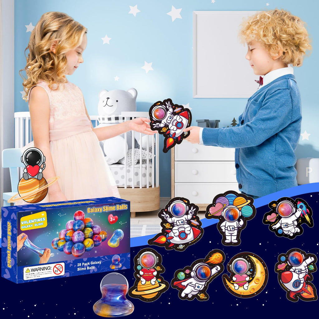PIONJOY 28 Pack Valentines Galaxy Slime Toys for Kids – Galaxy Slime with Cards, Party Favors
