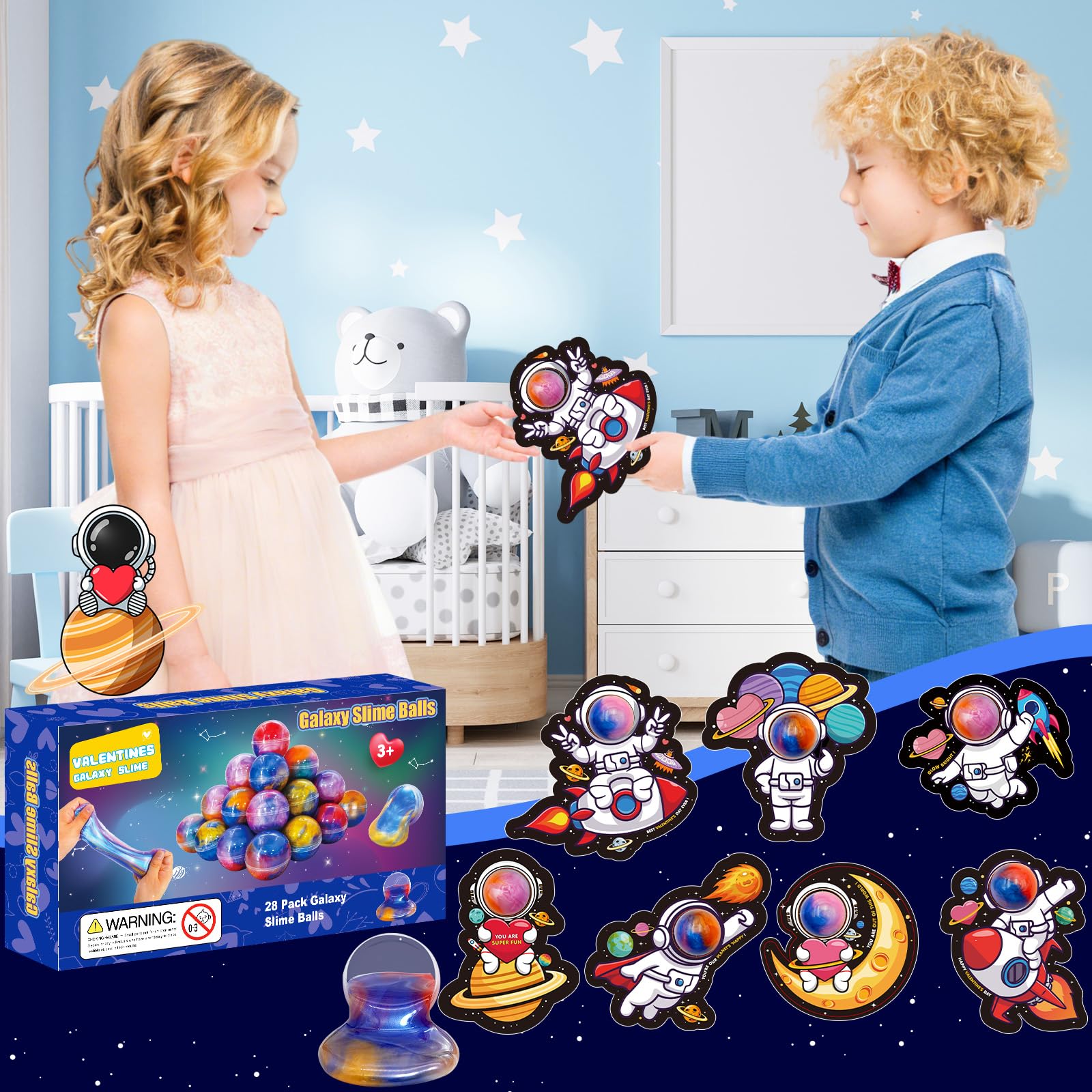 PIONJOY 28 Pack Valentines Galaxy Slime Toys for Kids – Galaxy Slime with Cards, Party Favors