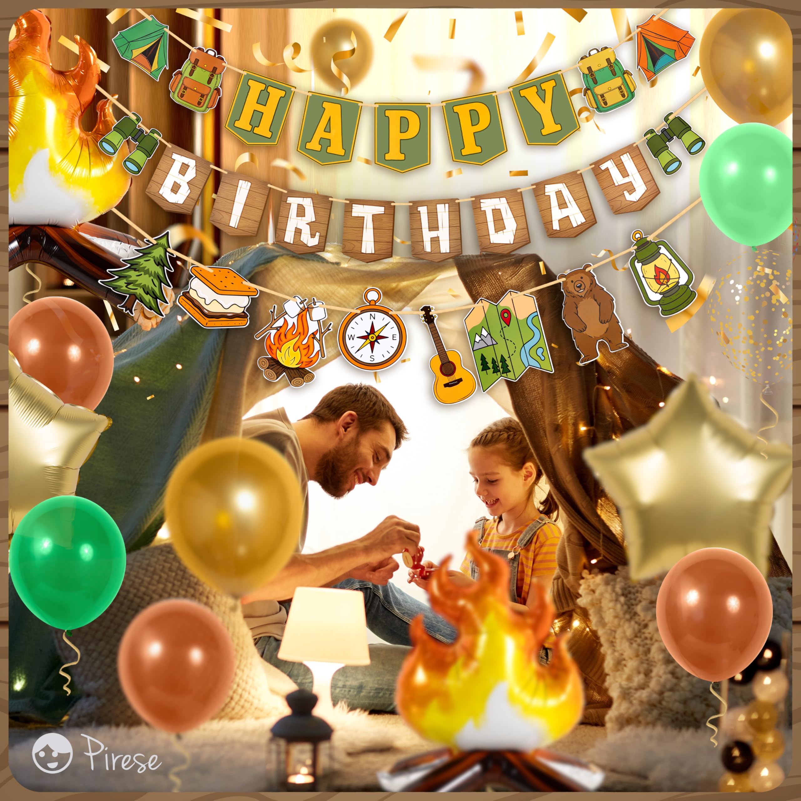 PIRESE One Happy Camper Birthday Decorations – Campfire Banner Kit with Balloons