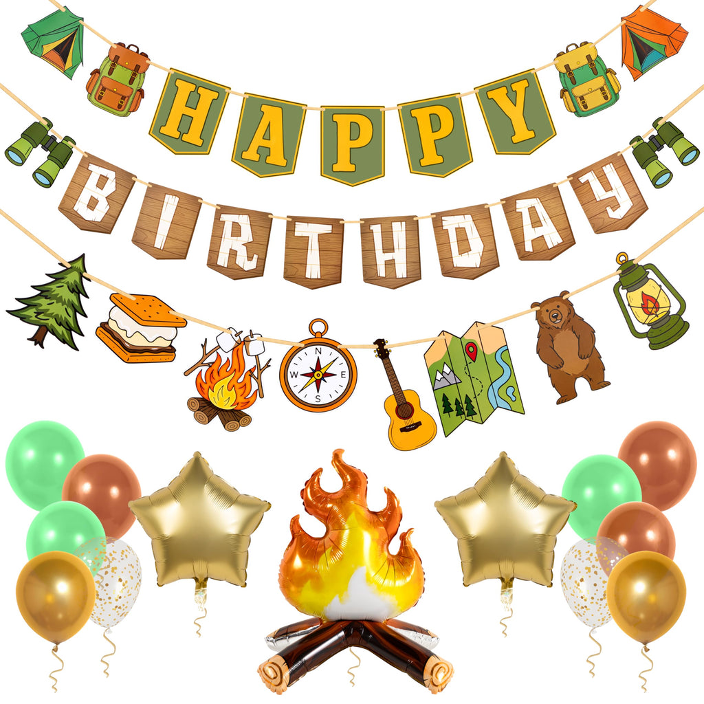PIRESE One Happy Camper Birthday Decorations – Campfire Banner Kit with Balloons