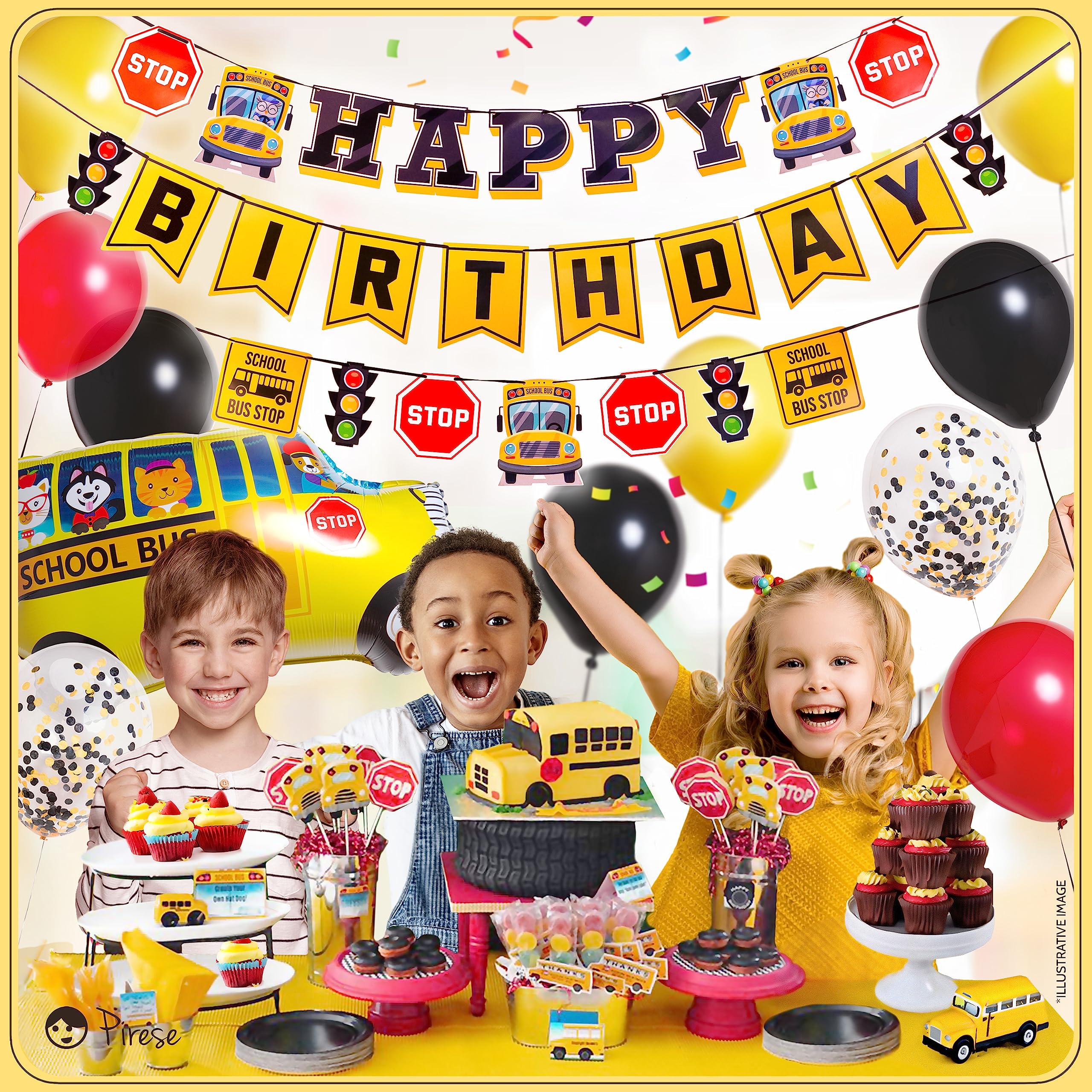 PIRESE Wheels on the Bus Birthday Banner Kit – All-in-One School Bus Party Decor