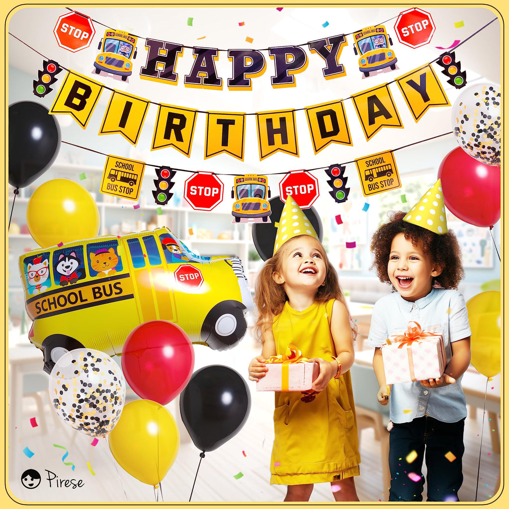 PIRESE Wheels on the Bus Birthday Banner Kit – All-in-One School Bus Party Decor