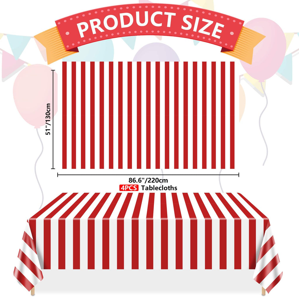 PIXHOTUL Carnival Tablecloths 4-Pack – Red & White Stripe, 51 x 86