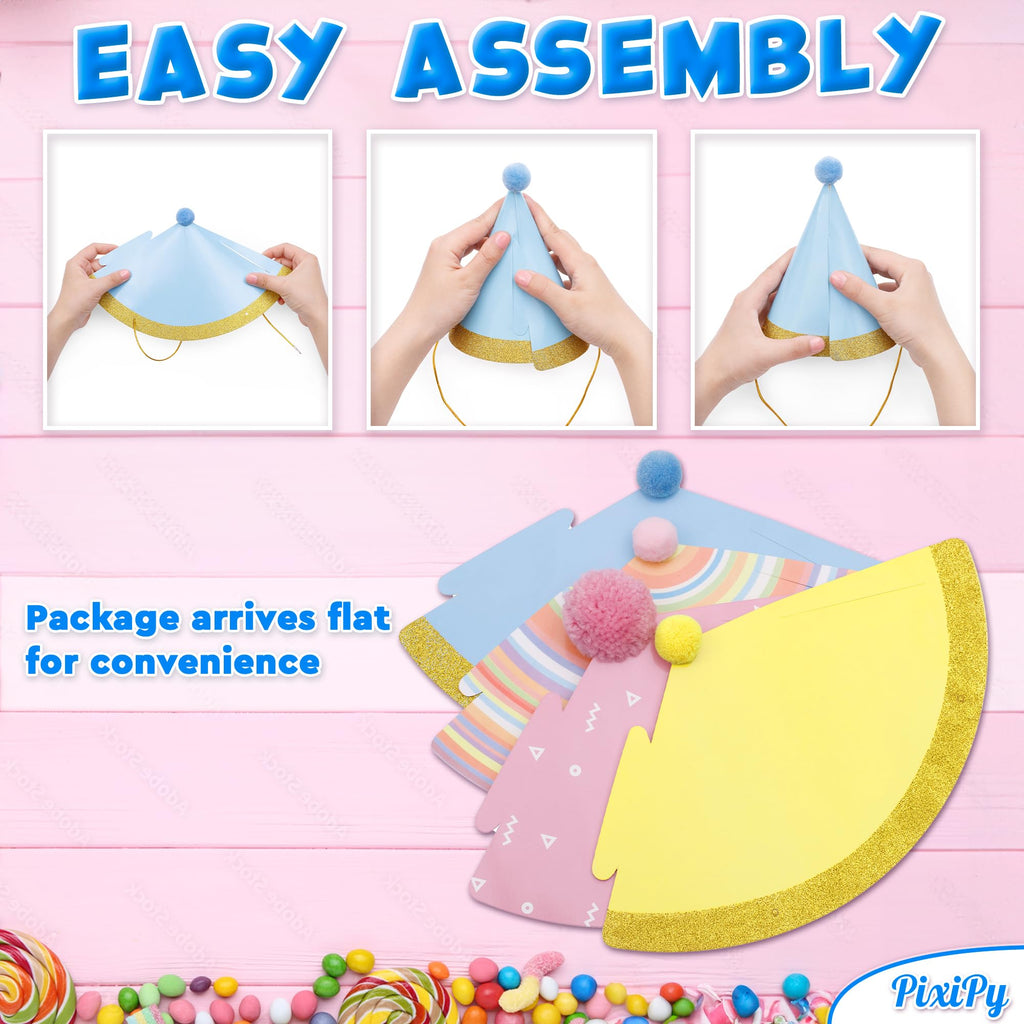 PixiPy Birthday Party Hats – 10 Colorful Cone-Shaped Celebration Headwear for Memorable Parties
