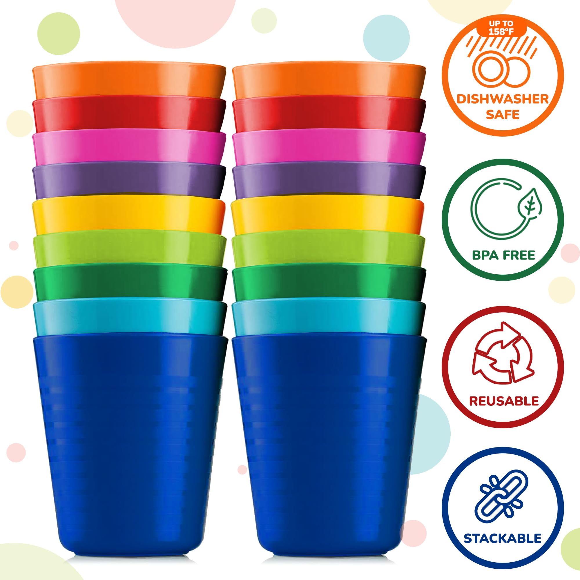 PLASKIDY Kids Cups - 18-Pack 8oz Toddler Tumblers in 9 Colors | BPA Free & Dishwasher Safe