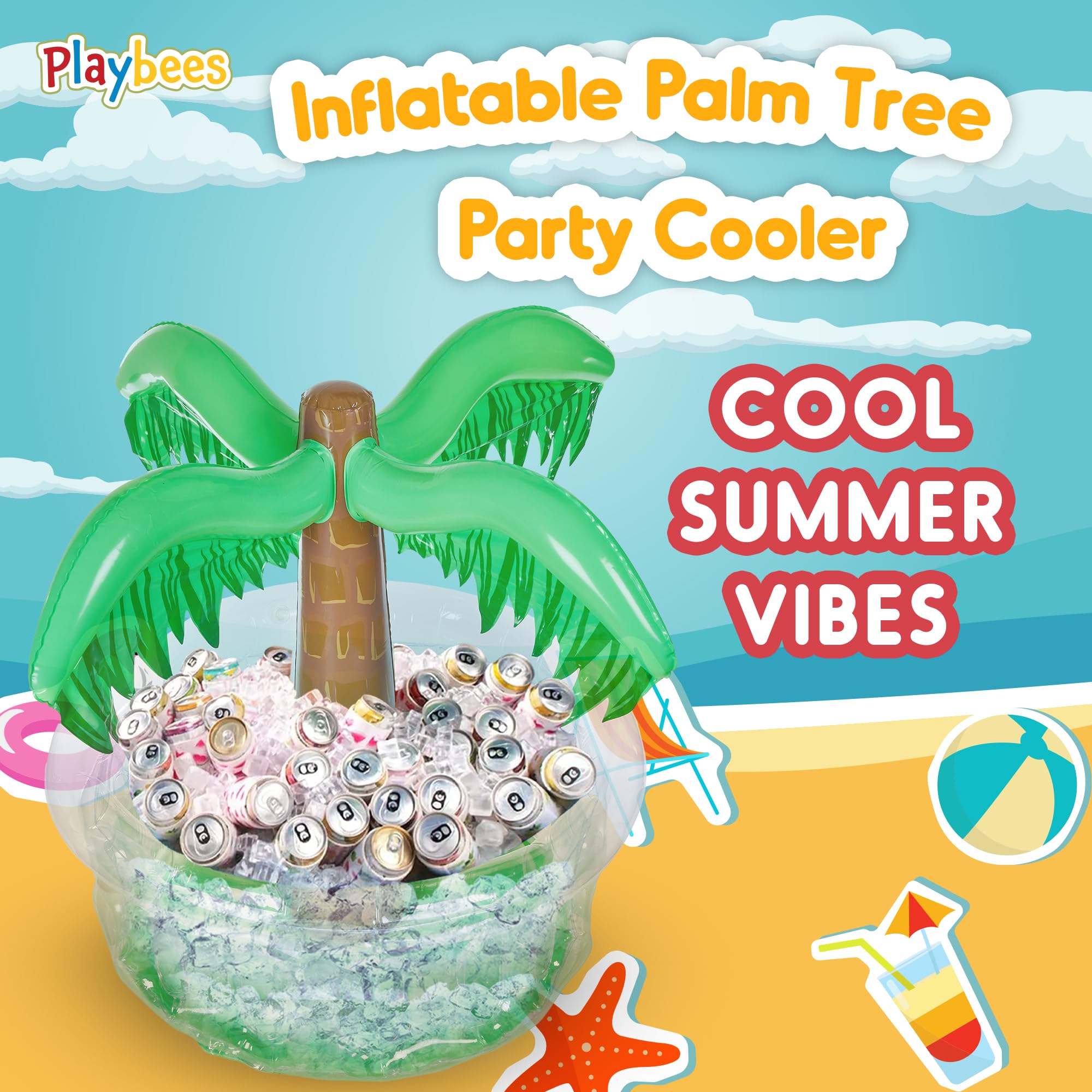 Playbees Inflatable Palm Tree Cooler 28 Inch - Blow Up Palm Tree Party Cooler for Pool Luau & Summer Parties