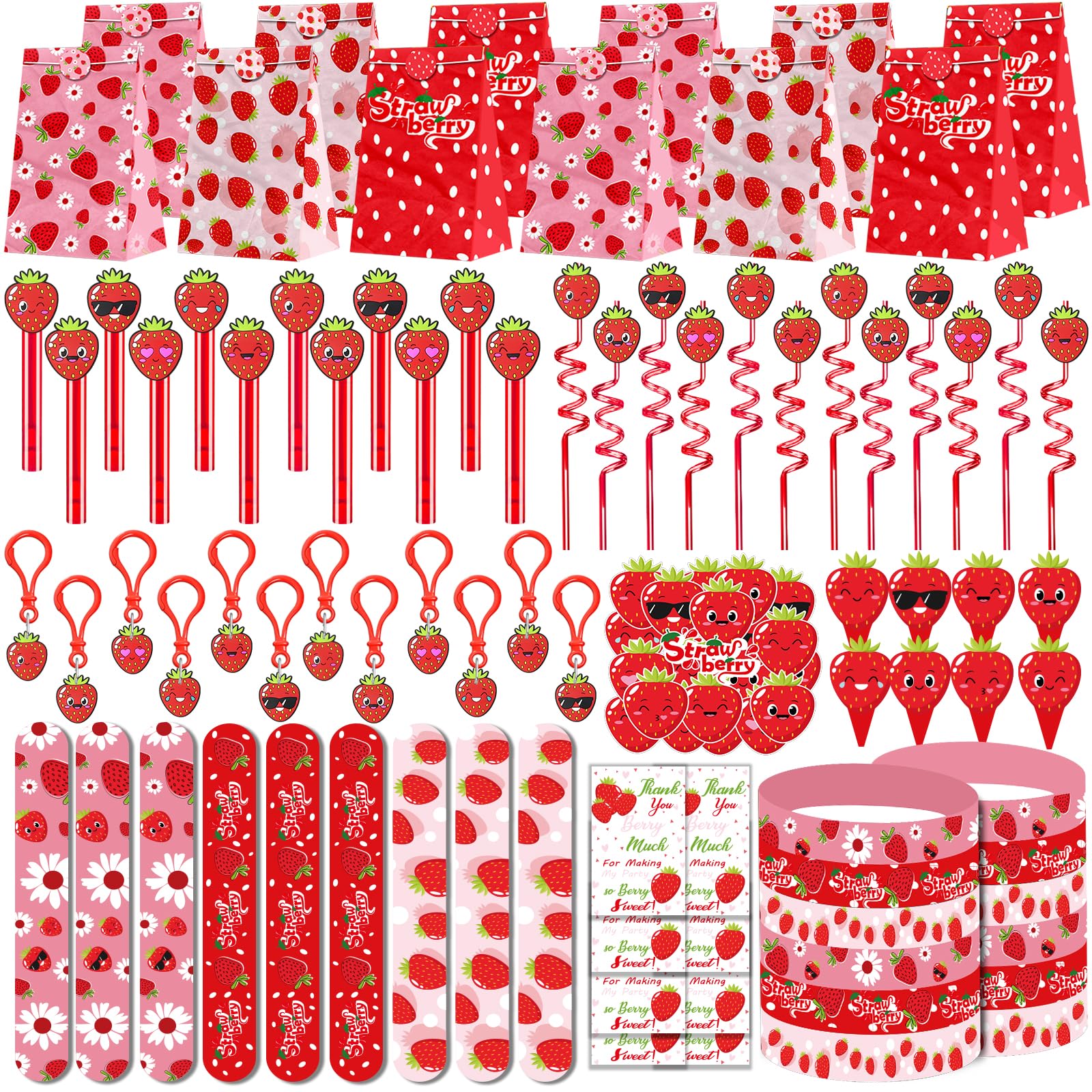 PLOUGVI 208pcs Strawberry Party Favors Bundle – Berry First Birthday Decor & Pinata Fillers