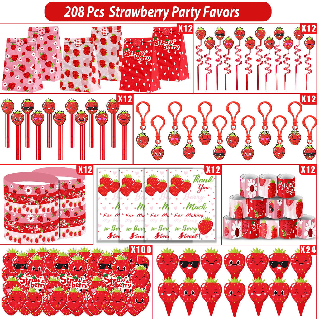 PLOUGVI 208pcs Strawberry Party Favors Bundle – Berry First Birthday Decor & Pinata Fillers