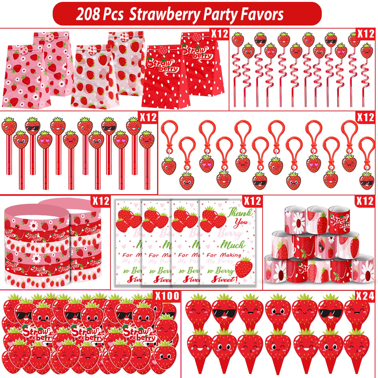 PLOUGVI 208pcs Strawberry Party Favors Bundle – Berry First Birthday Decor & Pinata Fillers