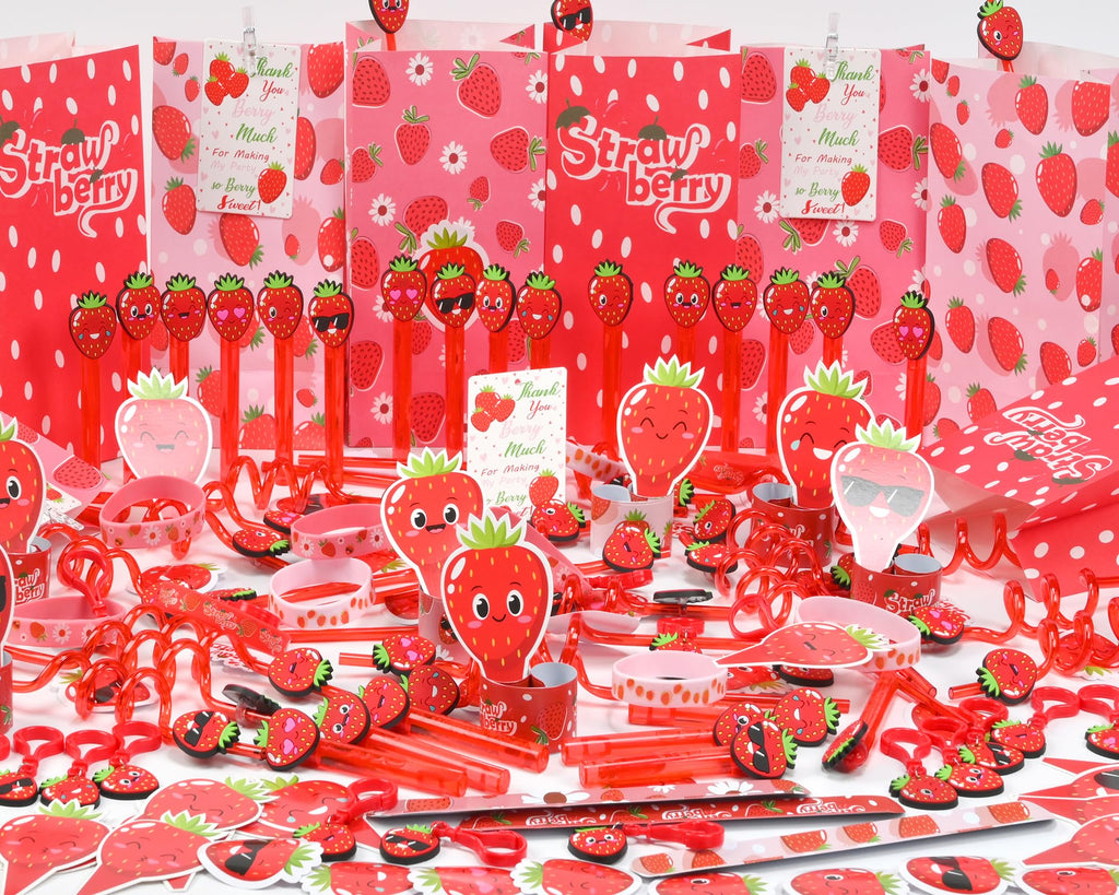 PLOUGVI 208pcs Strawberry Party Favors Bundle – Berry First Birthday Decor & Pinata Fillers
