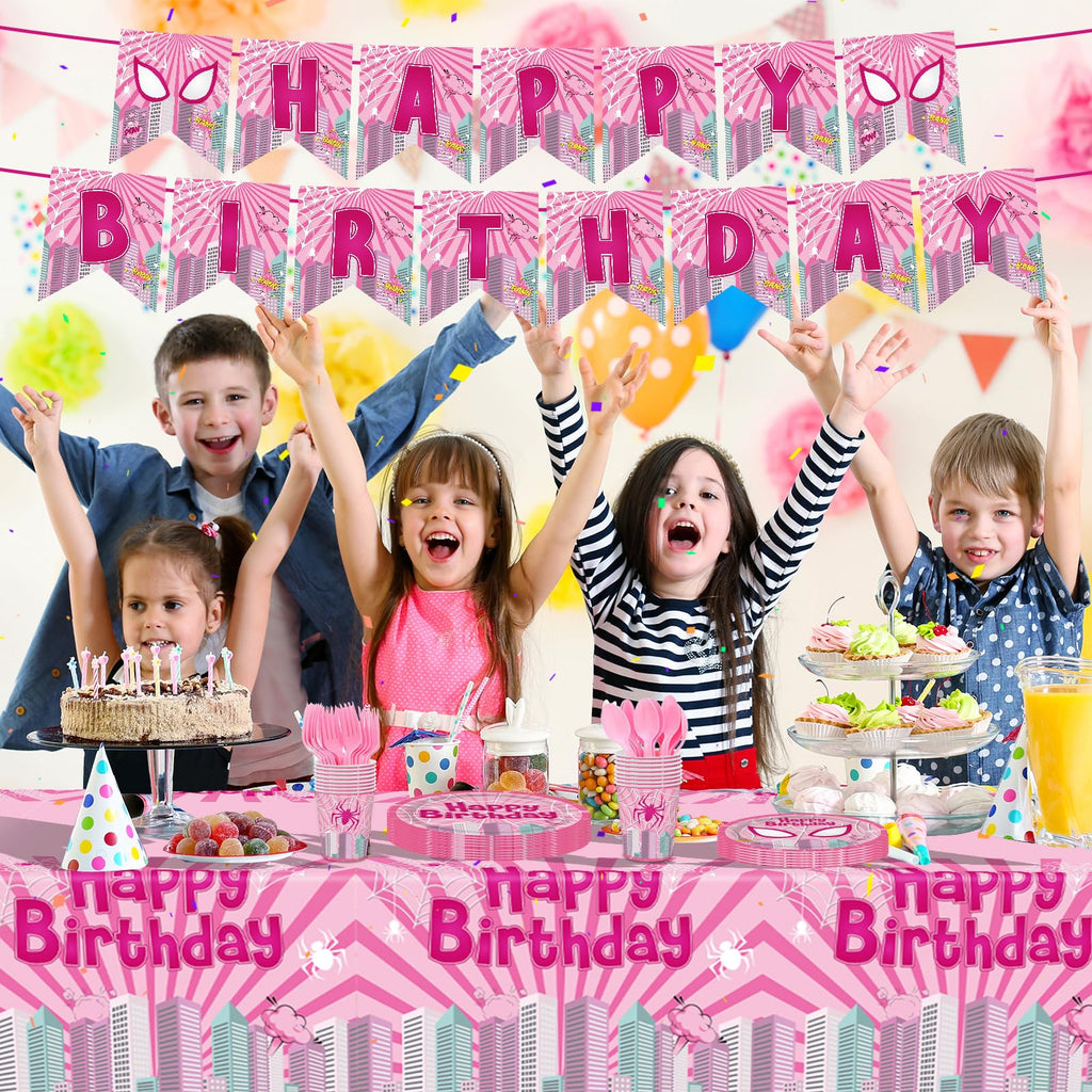 Pnuocax 170pcs Pink Spider Birthday Party Tableware Set – Serves 24