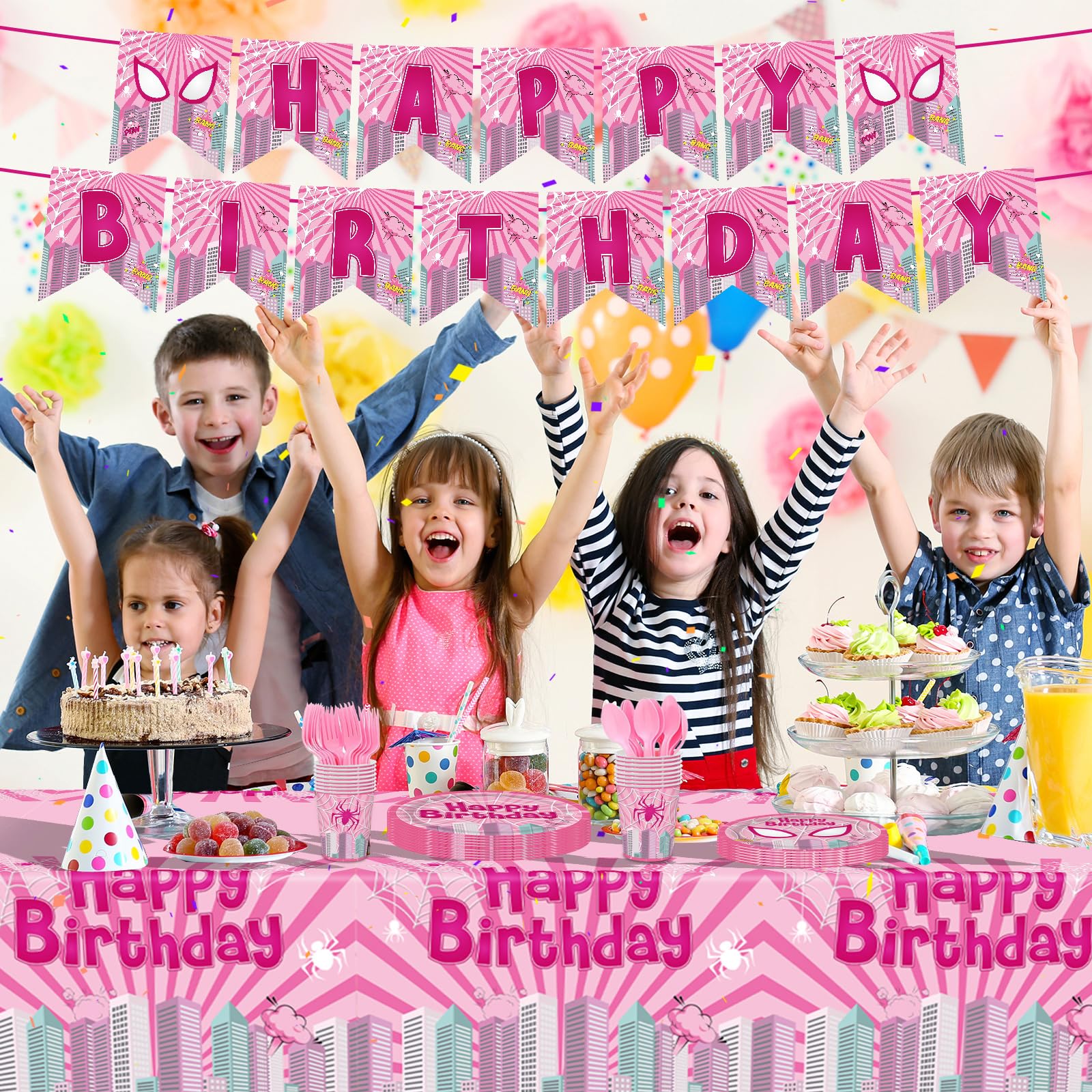 Pnuocax 170pcs Pink Spider Birthday Party Tableware Set – Serves 24