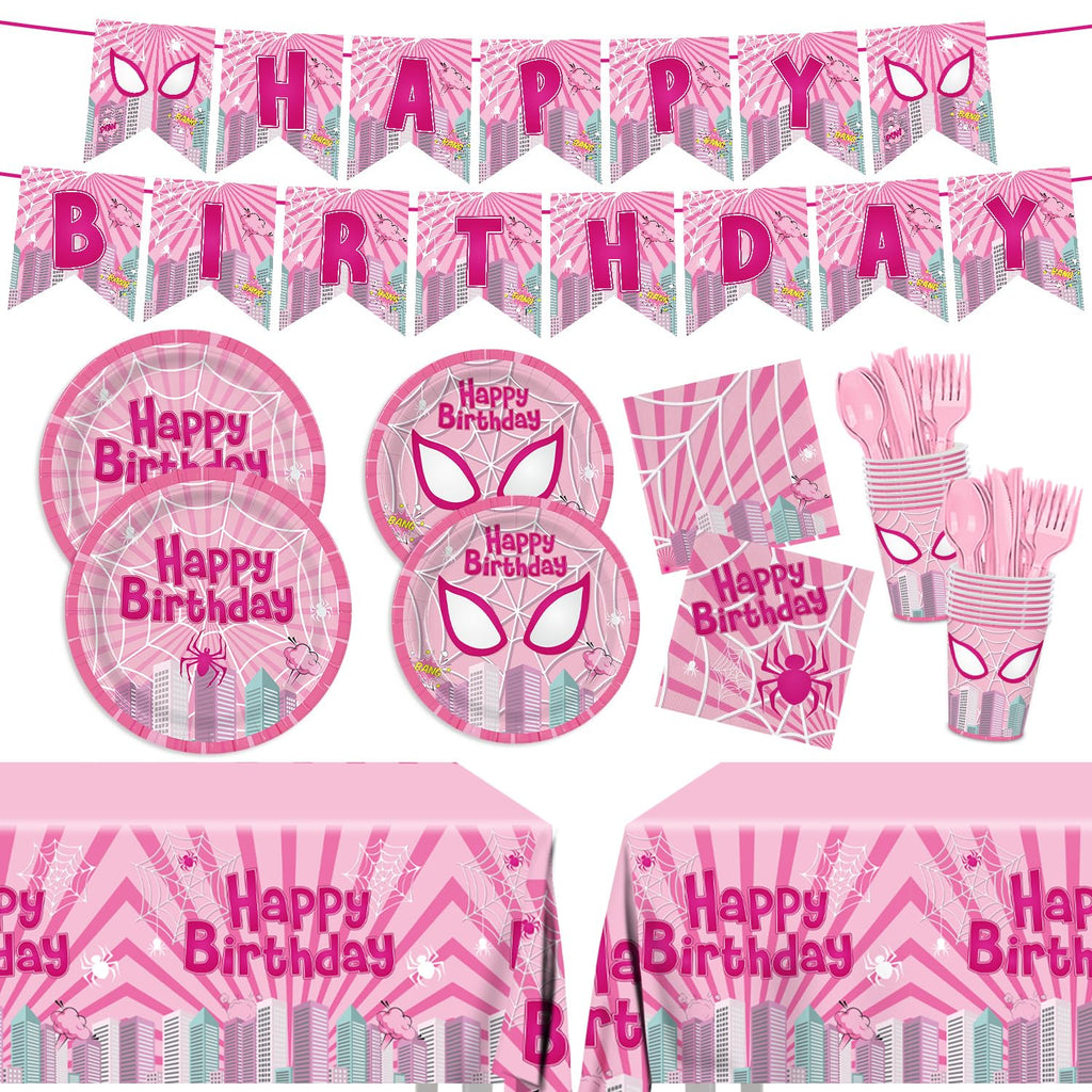 Pnuocax 170pcs Pink Spider Birthday Party Tableware Set – Serves 24