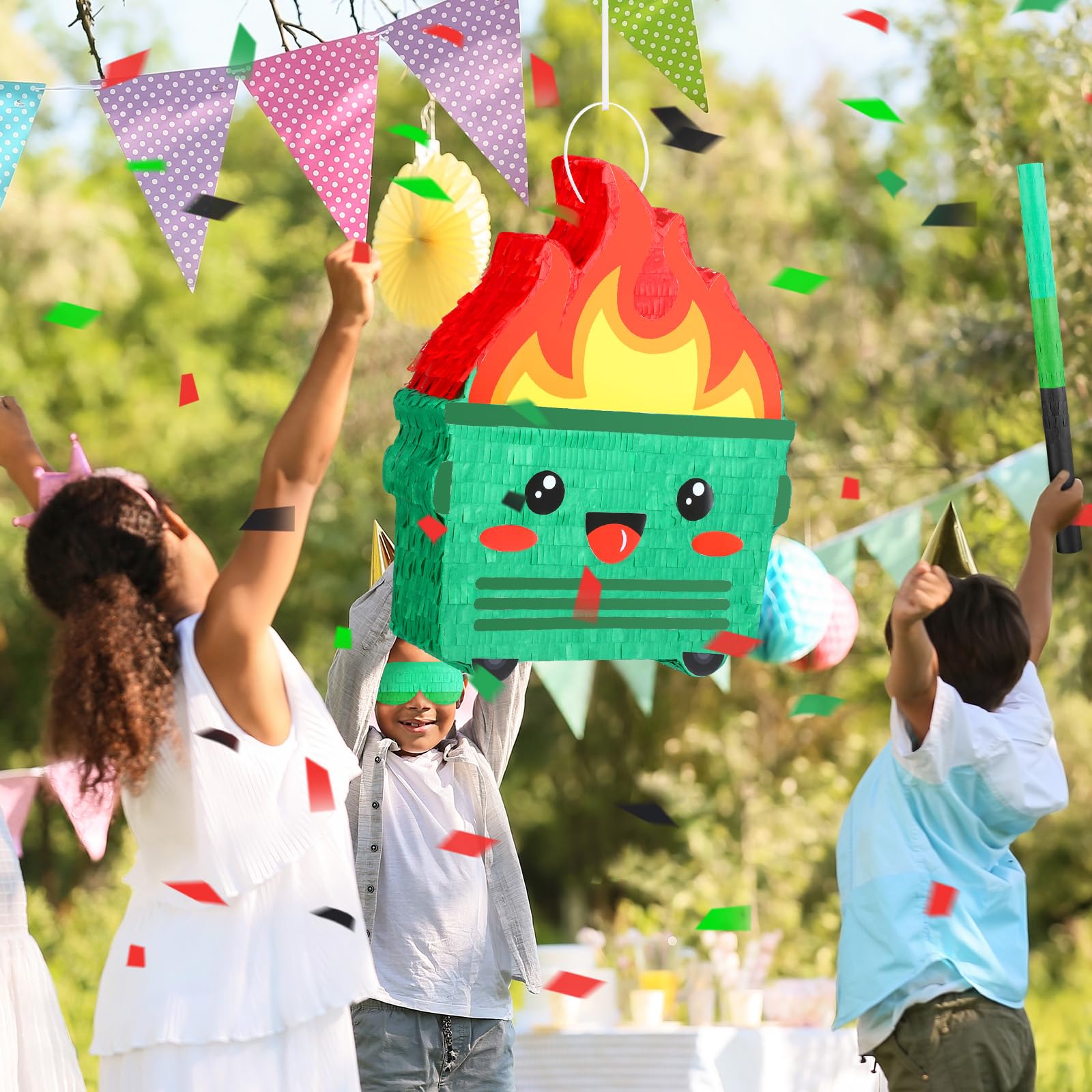 Poen Dumpster on Fire Pinata – Green, 15.75 x 12.6 in Party Pinata with Bat, Blindfold & Confetti