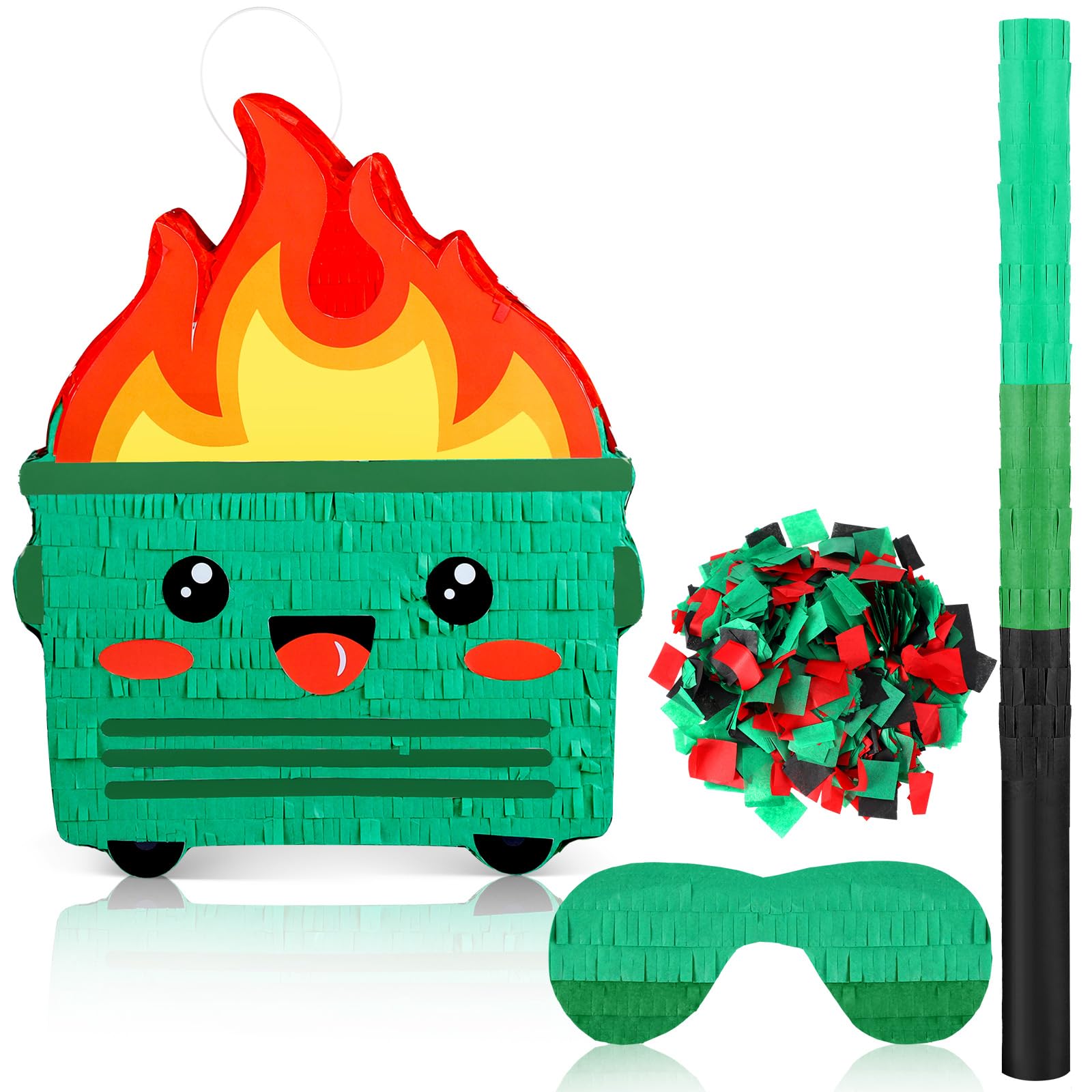 Poen Dumpster on Fire Pinata – Green, 15.75 x 12.6 in Party Pinata with Bat, Blindfold & Confetti