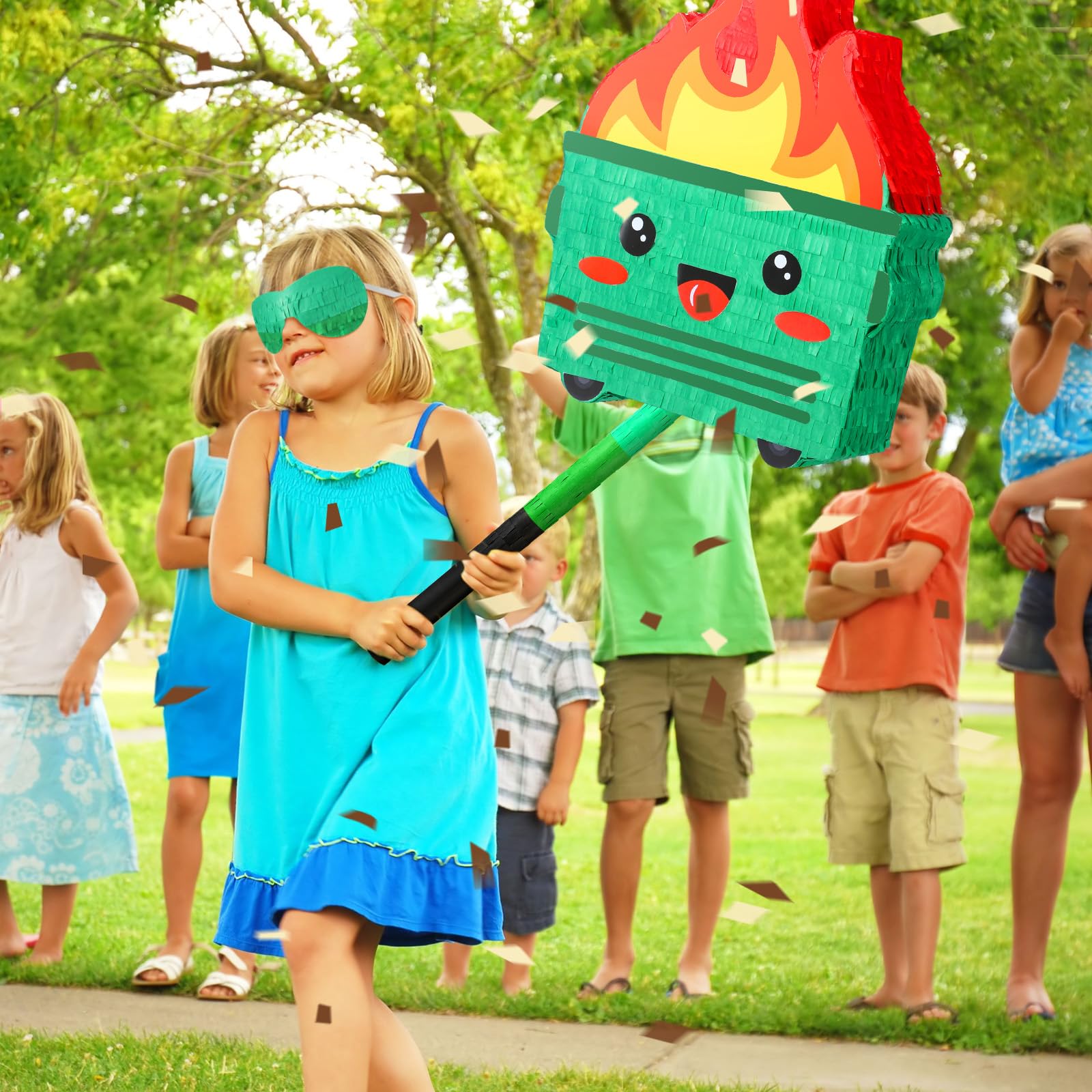 Poen Dumpster on Fire Pinata – Green, 15.75 x 12.6 in Party Pinata with Bat, Blindfold & Confetti