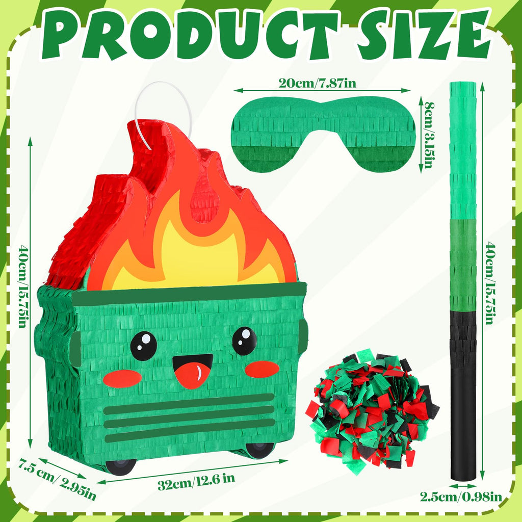 Poen Dumpster on Fire Pinata – Green, 15.75 x 12.6 in Party Pinata with Bat, Blindfold & Confetti