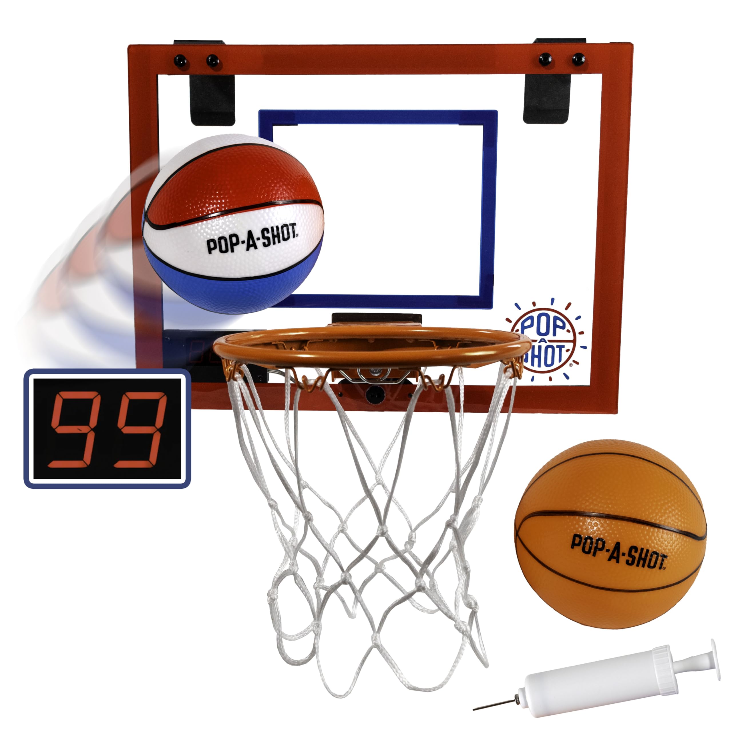 Pop-A-Shot Super Slam Over the Door Mini Basketball Hoop – 2 Balls, Pump, Breakaway Rim, Shatter-Resistant Backboard