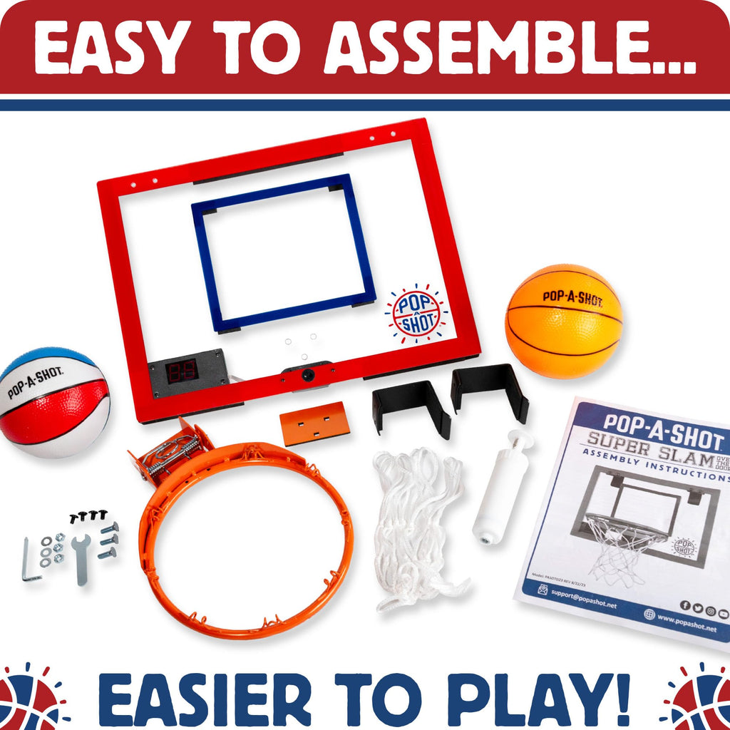 Pop-A-Shot Super Slam Over the Door Mini Basketball Hoop – 2 Balls, Pump, Breakaway Rim, Shatter-Resistant Backboard