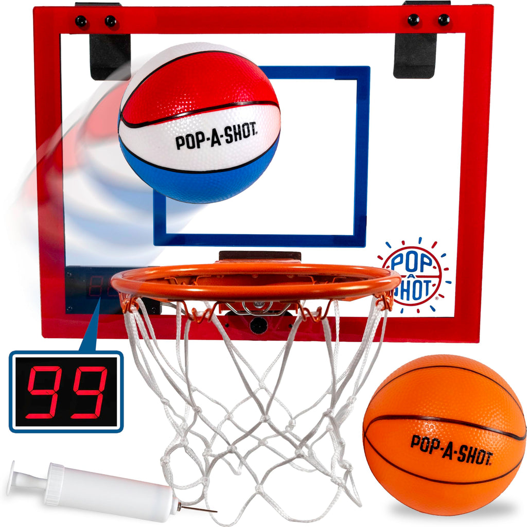Pop-A-Shot Super Slam Over the Door Mini Basketball Hoop – 2 Balls, Pump, Breakaway Rim, Shatter-Resistant Backboard