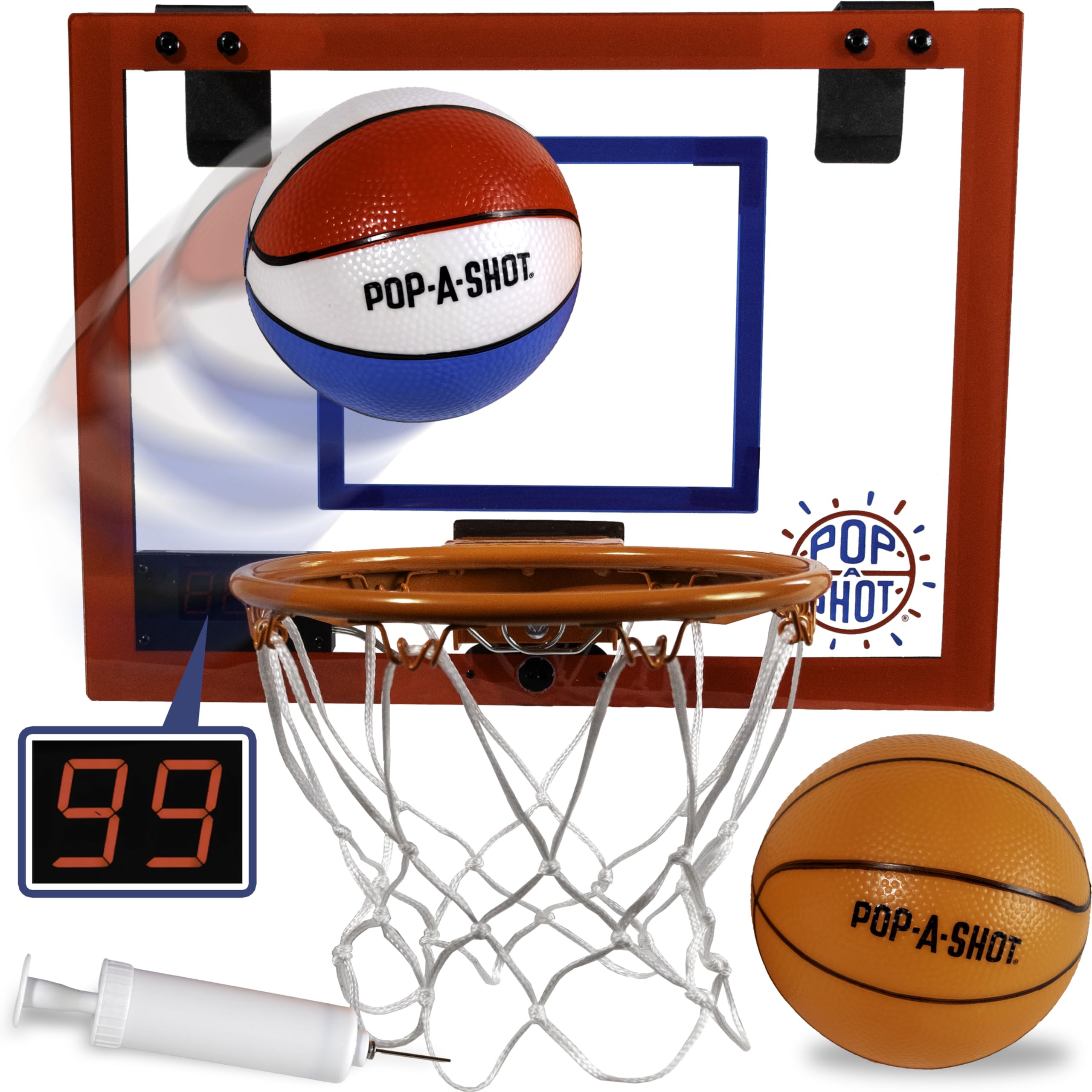 Pop-A-Shot Super Slam Over the Door Mini Basketball Hoop – 2 Balls, Pump, Breakaway Rim, Shatter-Resistant Backboard