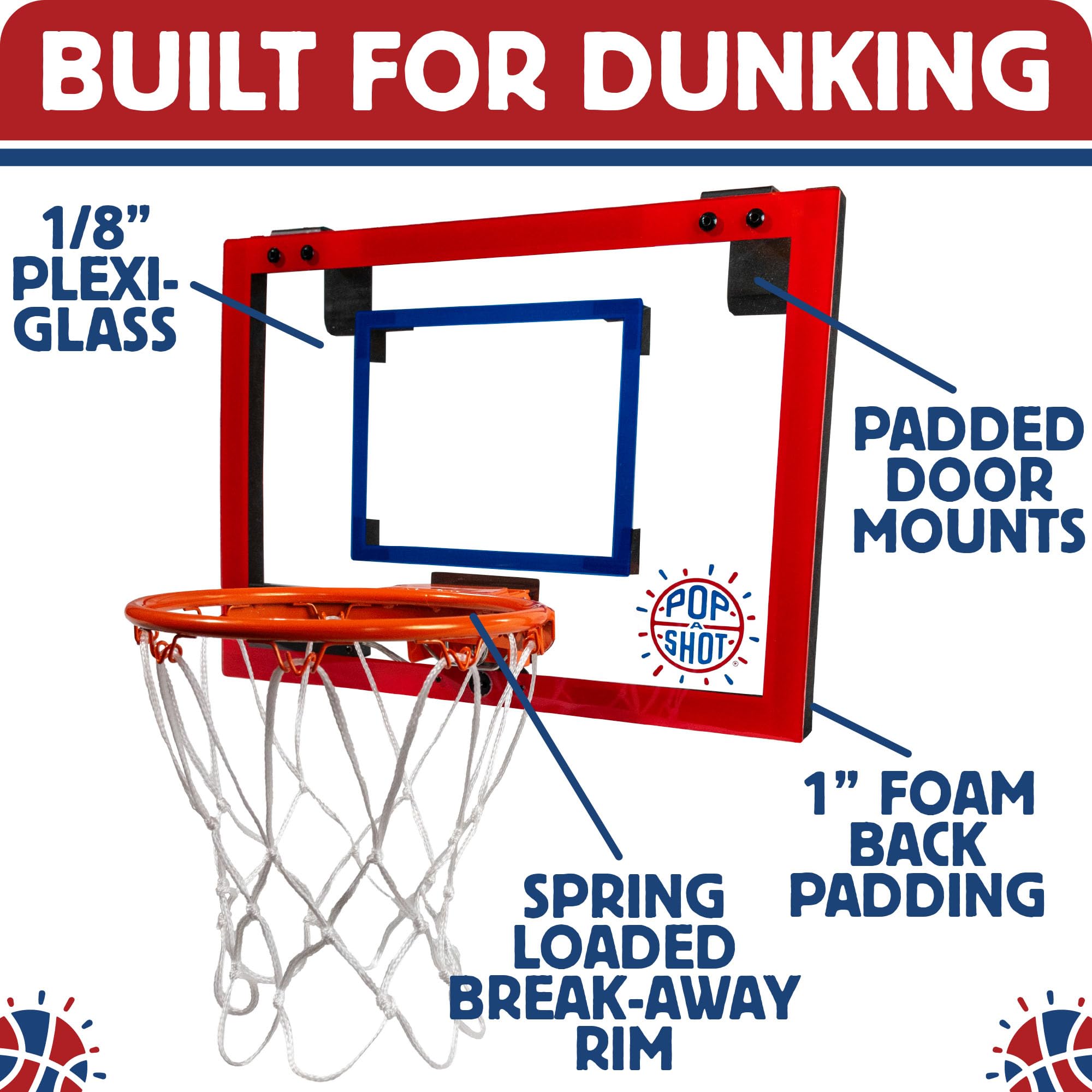Pop-A-Shot Super Slam Over the Door Mini Basketball Hoop – 2 Balls, Pump, Breakaway Rim, Shatter-Resistant Backboard
