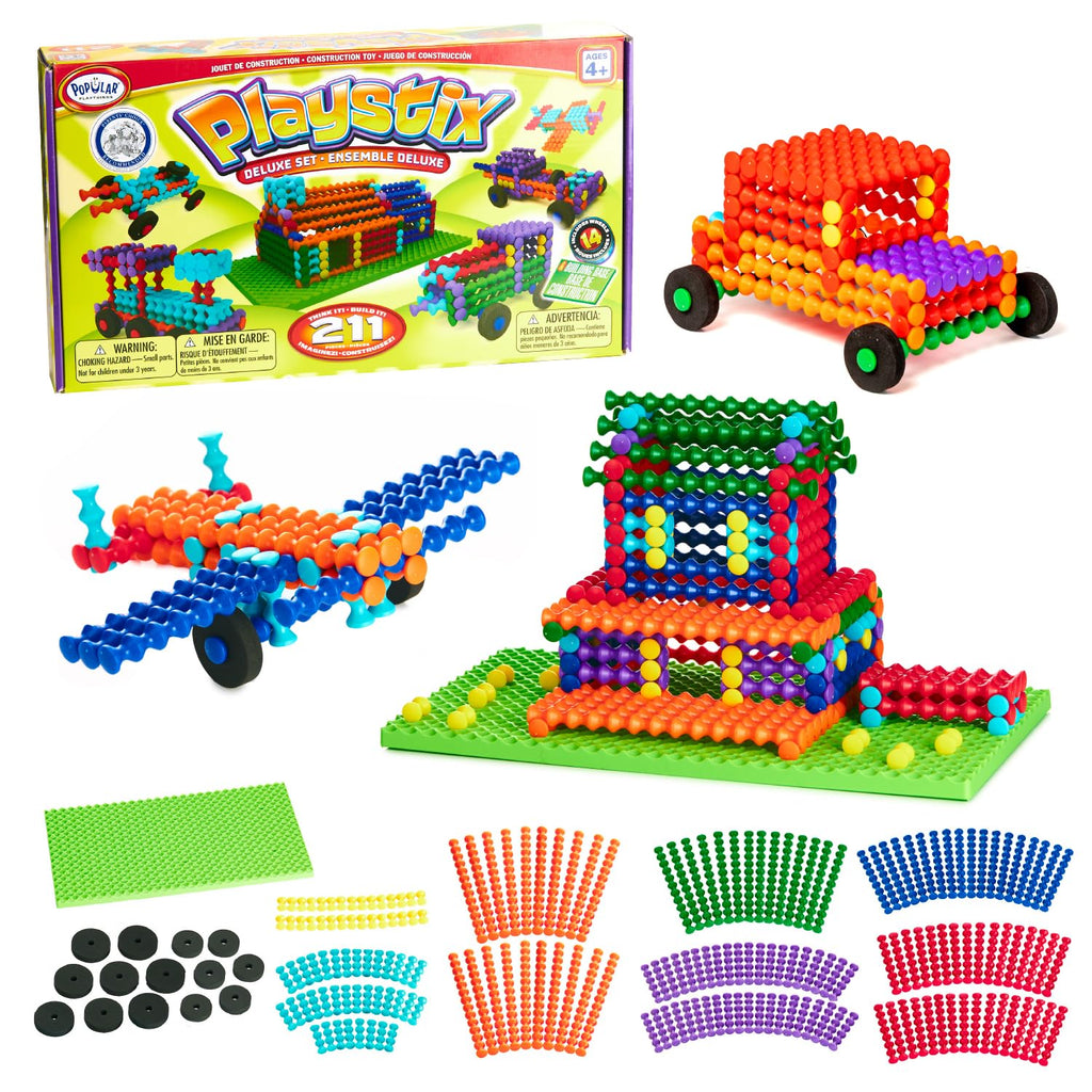 Popular Playthings Playstix Building Sticks Kit – 211 Piece STEM Construction Toy for Kids