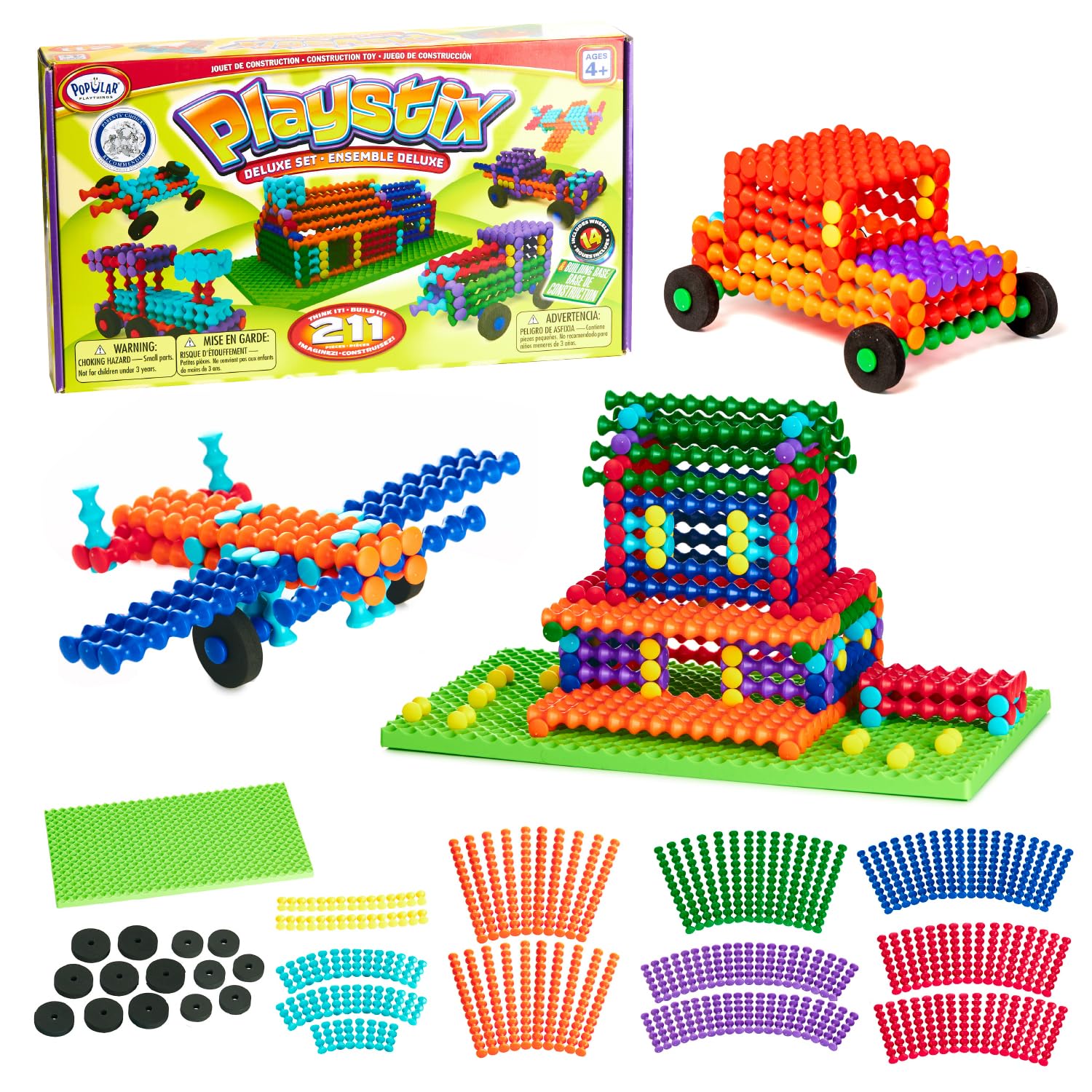 Popular Playthings Playstix Building Sticks Kit – 211 Piece STEM Construction Toy for Kids
