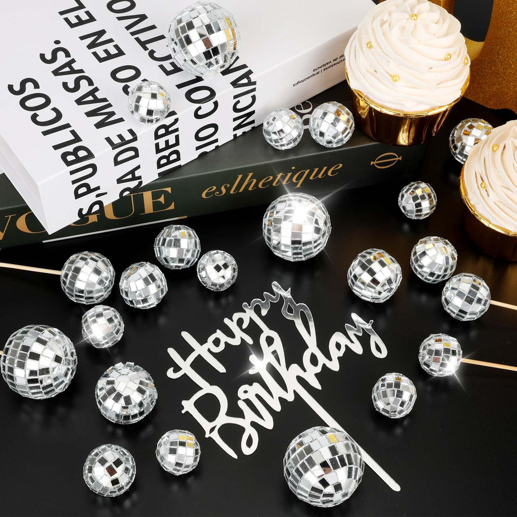 PORANDIA 23-Piece Disco Ball Cupcake Toppers – Happy Birthday Topper Set for Retro 70s Party Decor