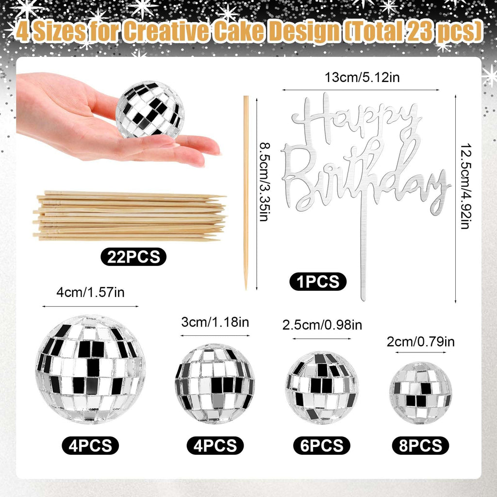 PORANDIA 23-Piece Disco Ball Cupcake Toppers – Happy Birthday Topper Set for Retro 70s Party Decor