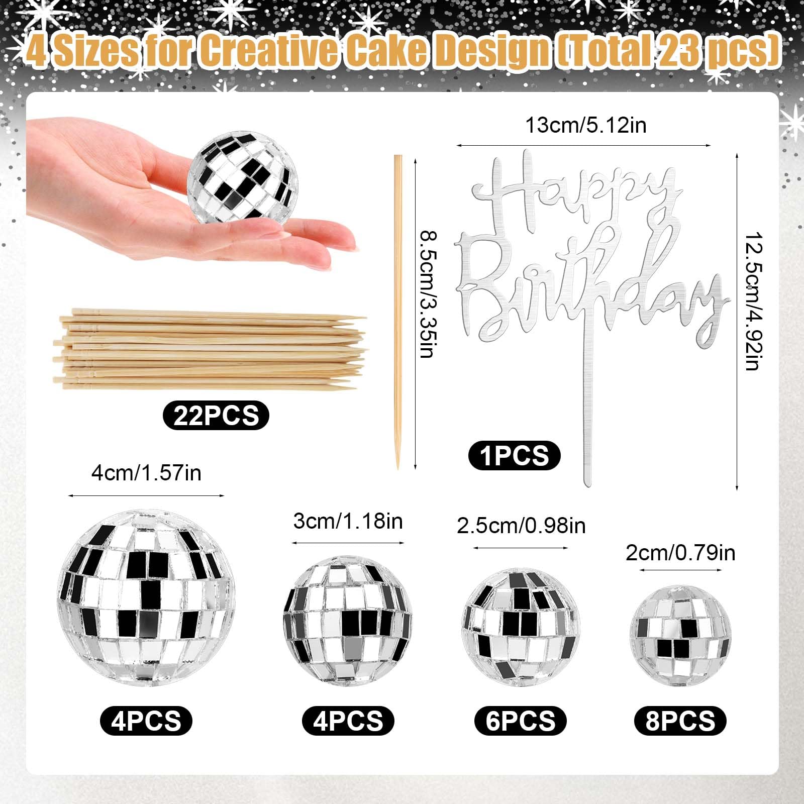PORANDIA 23-Piece Disco Ball Cupcake Toppers – Happy Birthday Topper Set for Retro 70s Party Decor