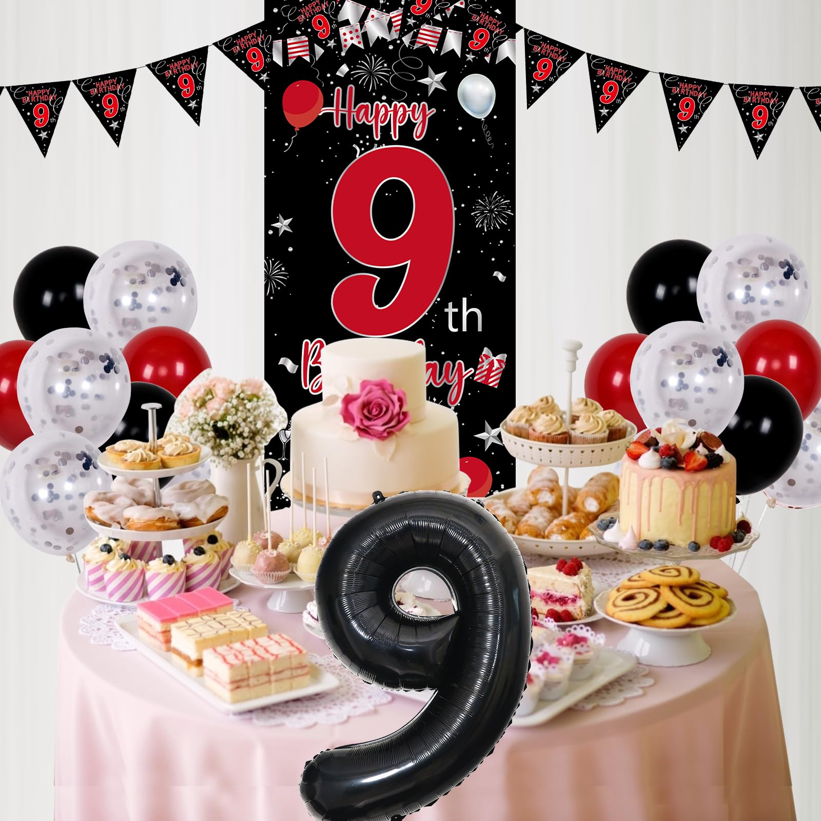 Pounira 9th Birthday Decorations Kit – Red & Black Banner, Balloons, Number 9