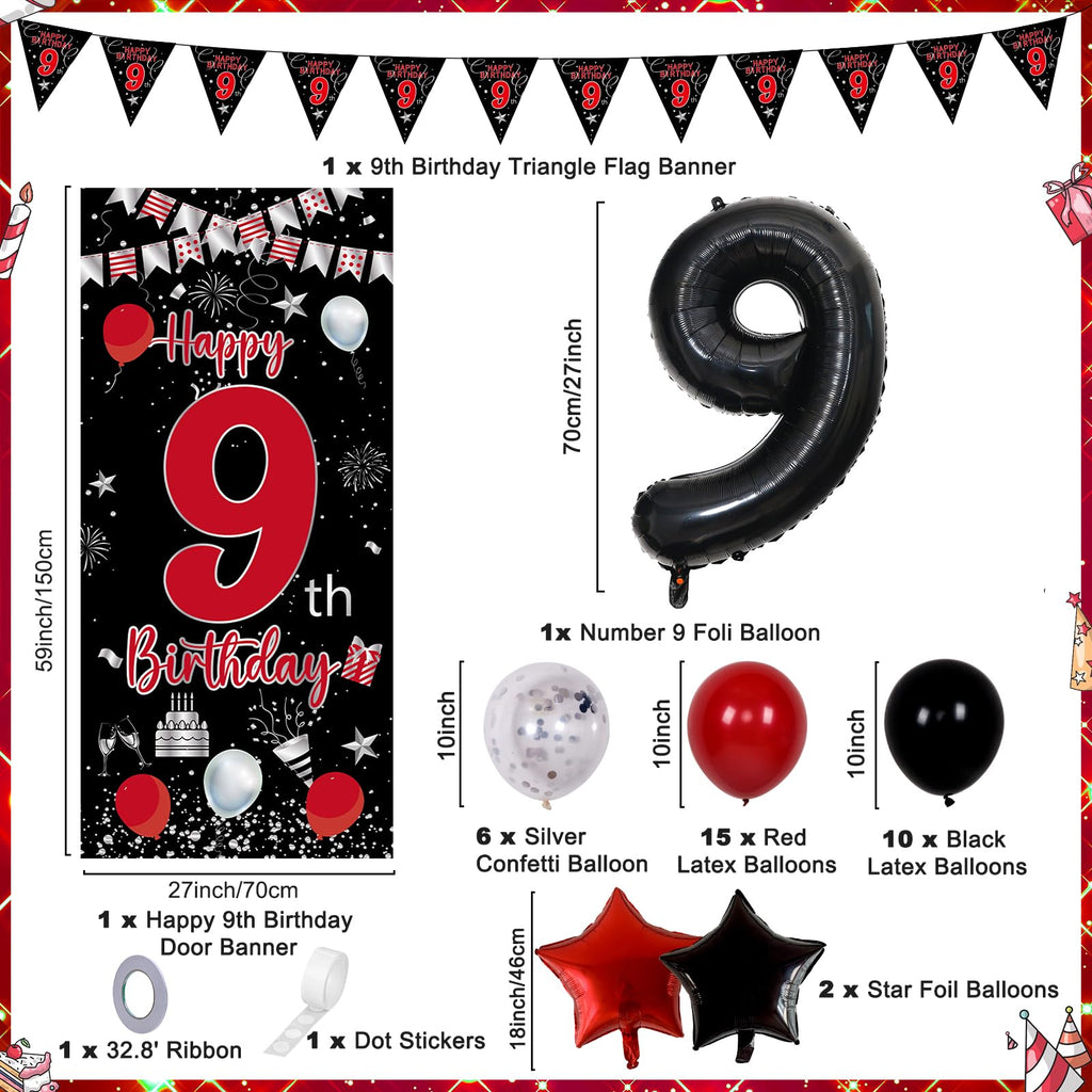 Pounira 9th Birthday Decorations Kit – Red & Black Banner, Balloons, Number 9