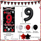 Pounira 9th Birthday Decorations Kit – Red & Black Banner, Balloons, Number 9