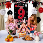 Pounira 9th Birthday Decorations Kit – Red & Black Banner, Balloons, Number 9