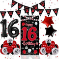 Pounira 16th Birthday Decorations Kit - Red Black Door Banner, Balloons & Triangle Flags