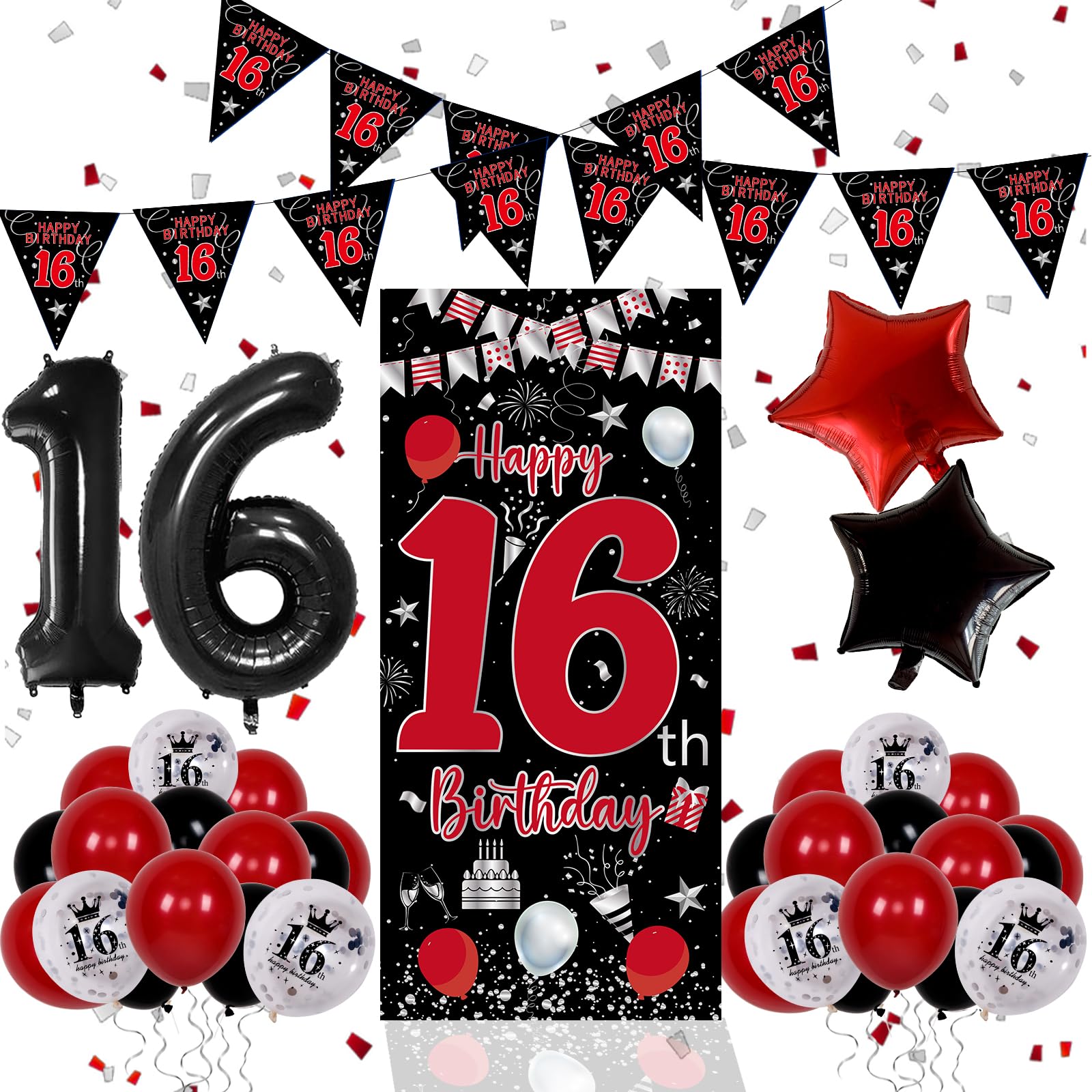 Pounira 16th Birthday Decorations Kit - Red Black Door Banner, Balloons & Triangle Flags